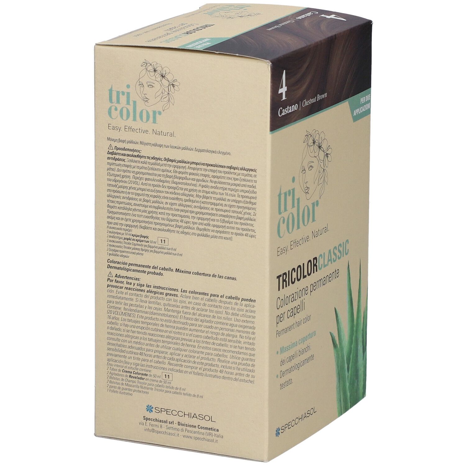 Rückseite der Kartonverpackung für Haarfärbemittel. Enthält Text und eine Aloe-Vera-Blatt-Illustration. Das Produkt ist von Specchiasol.