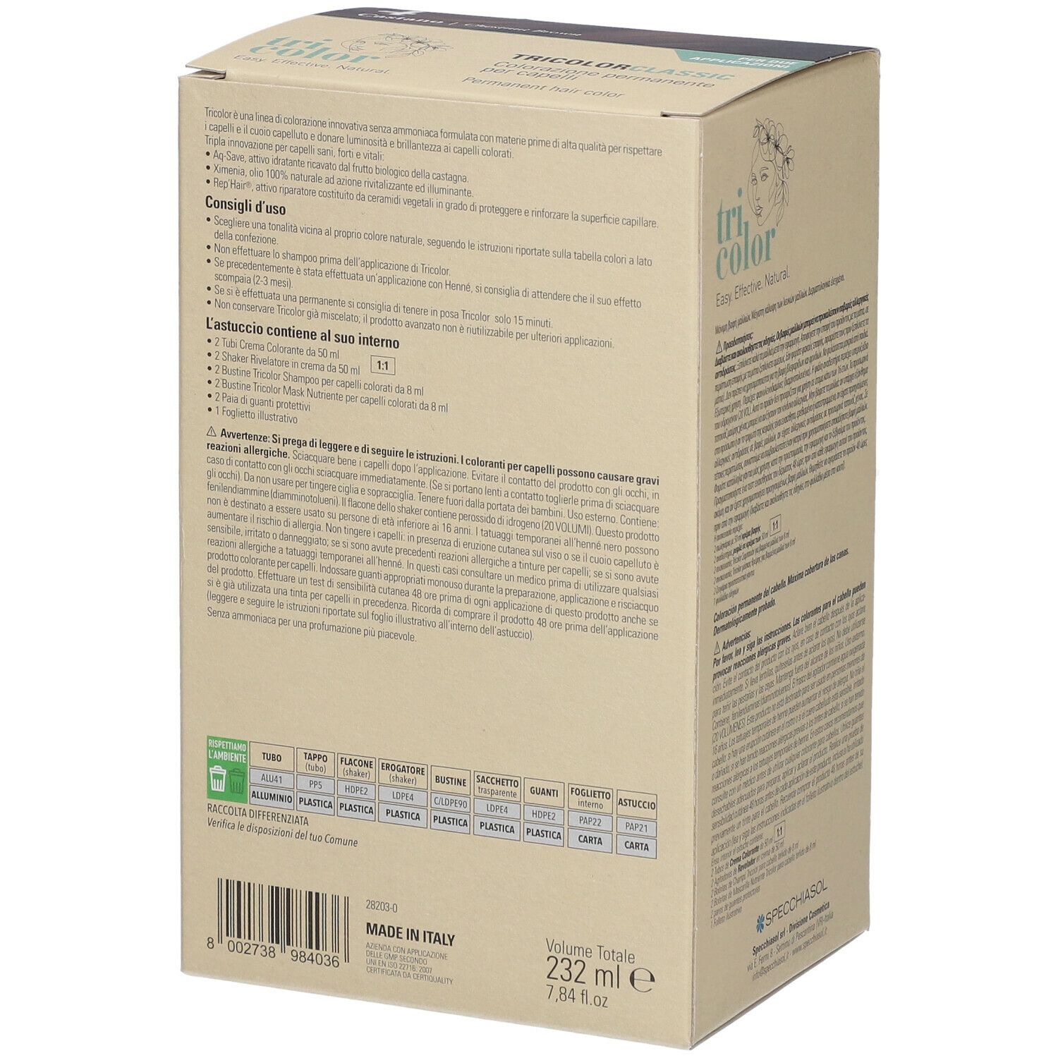 Rückseite der Kartonverpackung für Haarfärbemittel. Enthält Text, eine Aloe-Vera-Blatt-Illustration und Informationen zur Herstellung.