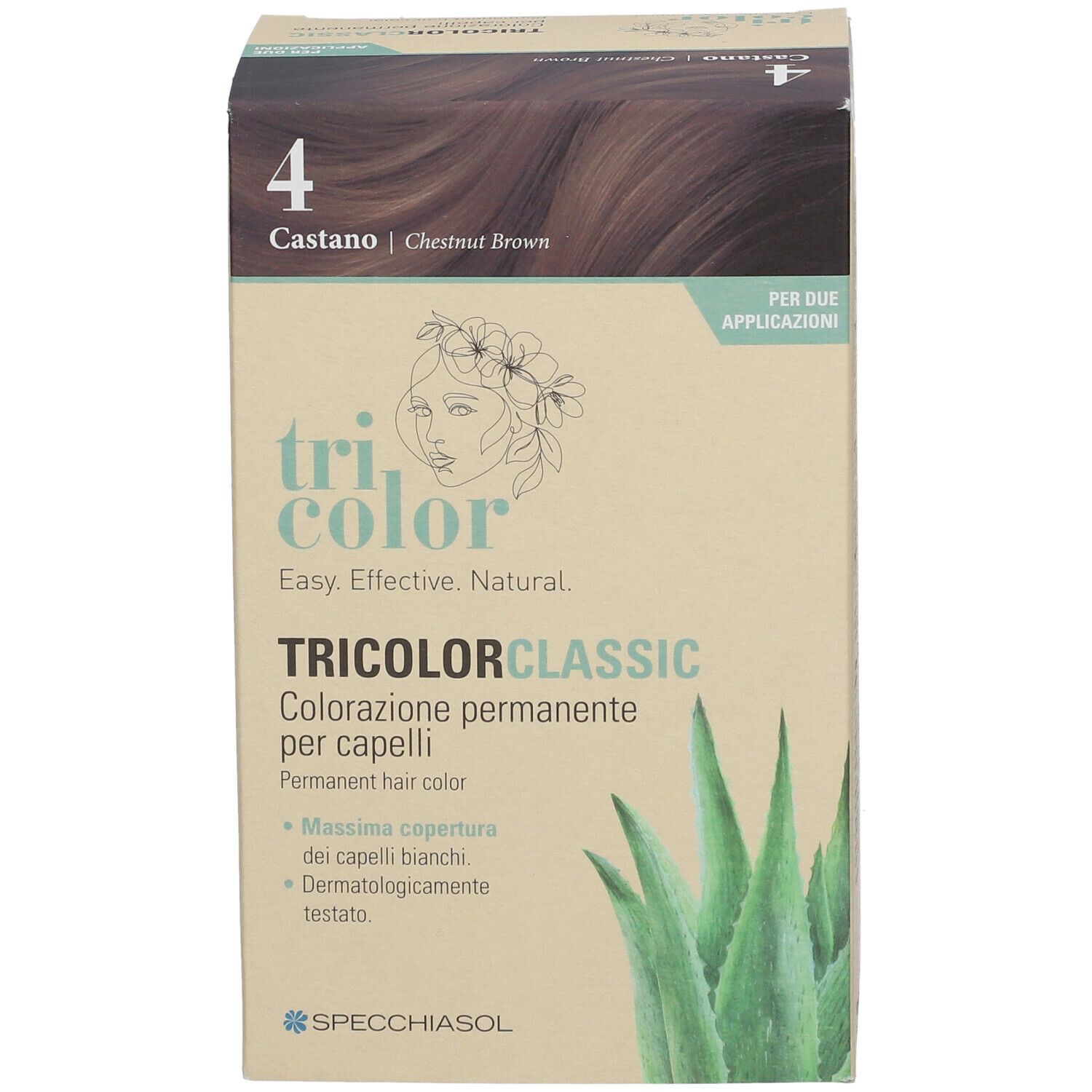 Vorderseite der Kartonverpackung für Haarfärbemittel. Enthält „Tricolor Classic“ und „4 Castano“. Aloe-Vera-Blatt-Illustration.