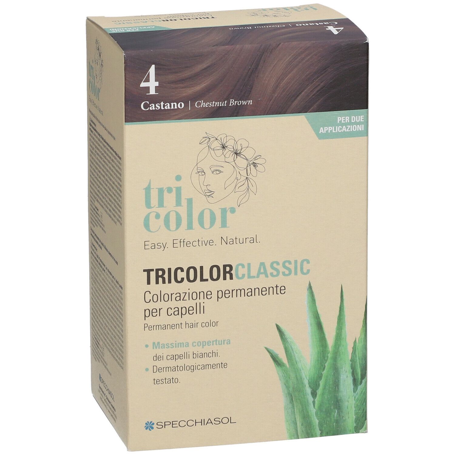Vorderseite der Kartonverpackung für Haarfärbemittel. Enthält „Tricolor Classic“ und „4 Castano“. Aloe-Vera-Blatt-Illustration.