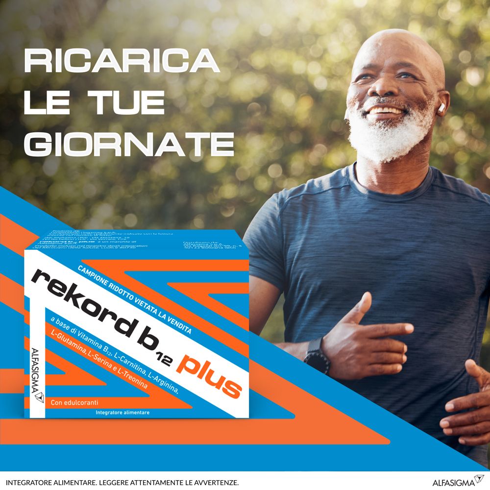 Publicité avec un homme faisant du jogging dans un parc. La boîte « rekord b12 plus » est visible au premier plan.