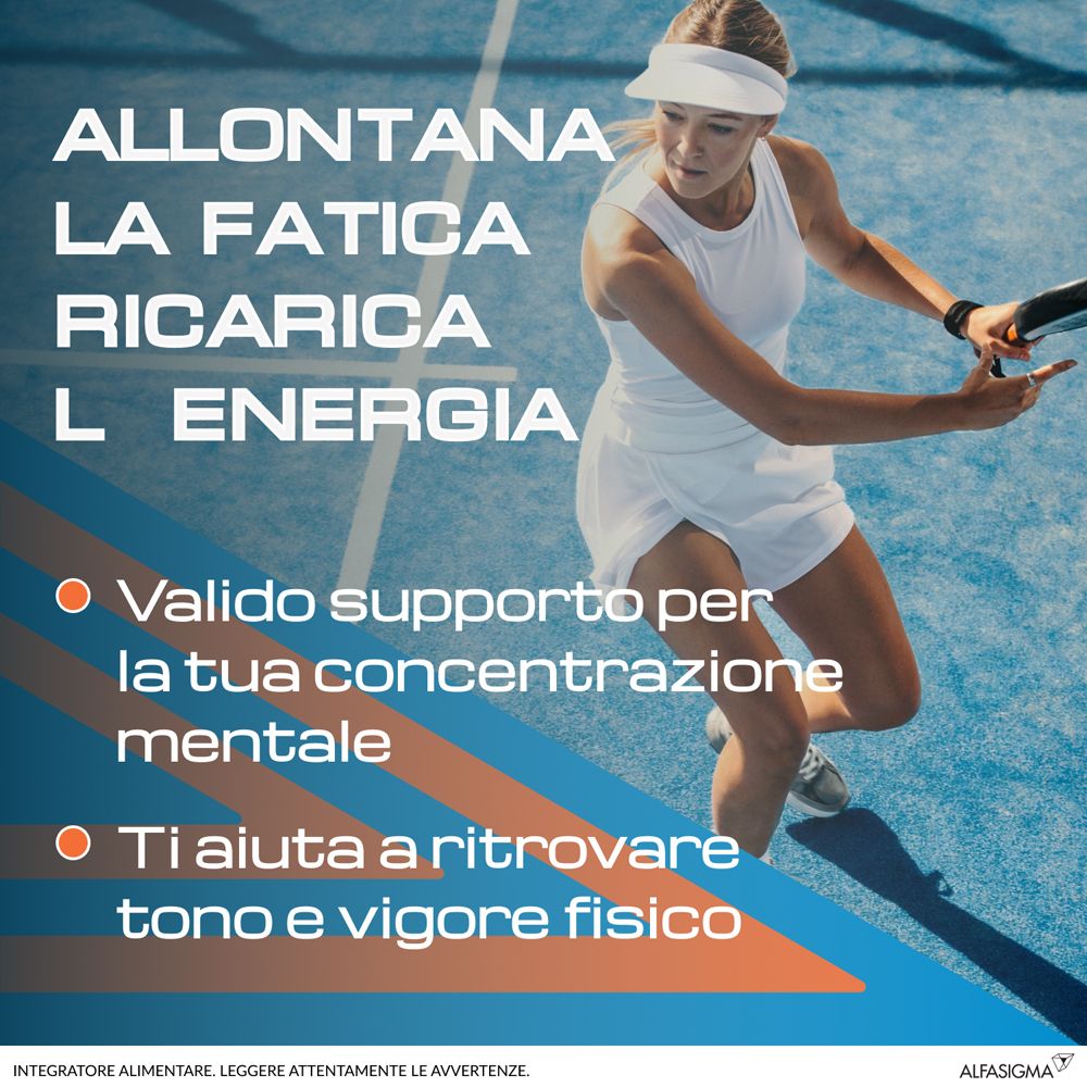 Publicité avec une femme jouant au tennis. Texte : « Allontana la fatica ricarica l'energia ». Nom du produit non visible.