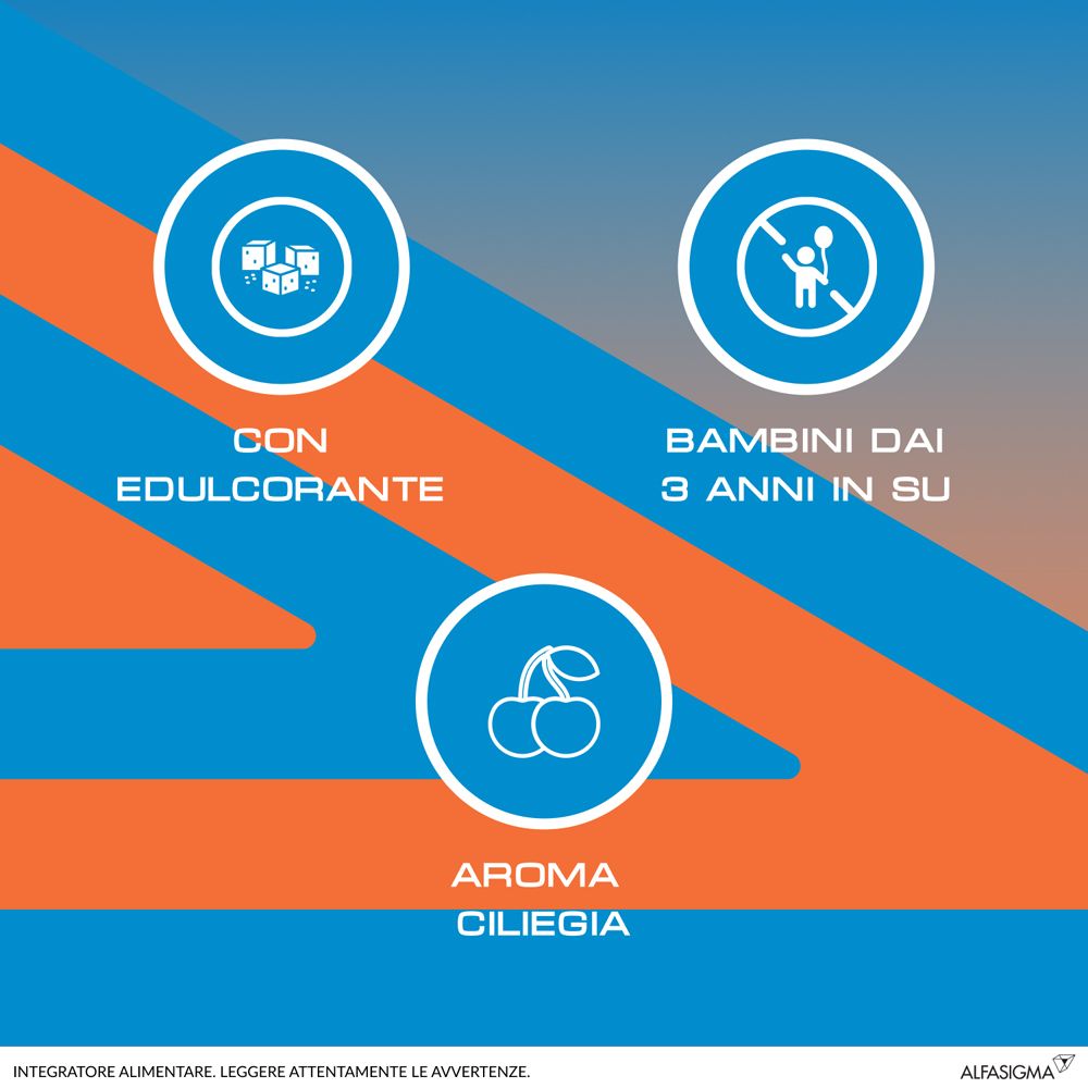 Graphique avec des symboles. Texte : « Con edulcorante », « Bambini dai 3 anni in su », « Aroma ciliegia ».