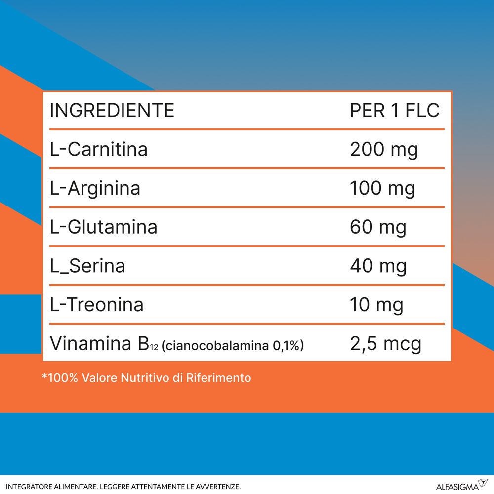 Tableau avec les ingrédients par flacon. Contient de la L-carnitine, de la L-arginine, de la L-glutamine, de la L-sérine, de la L-thréonine, de la vitamine B12.