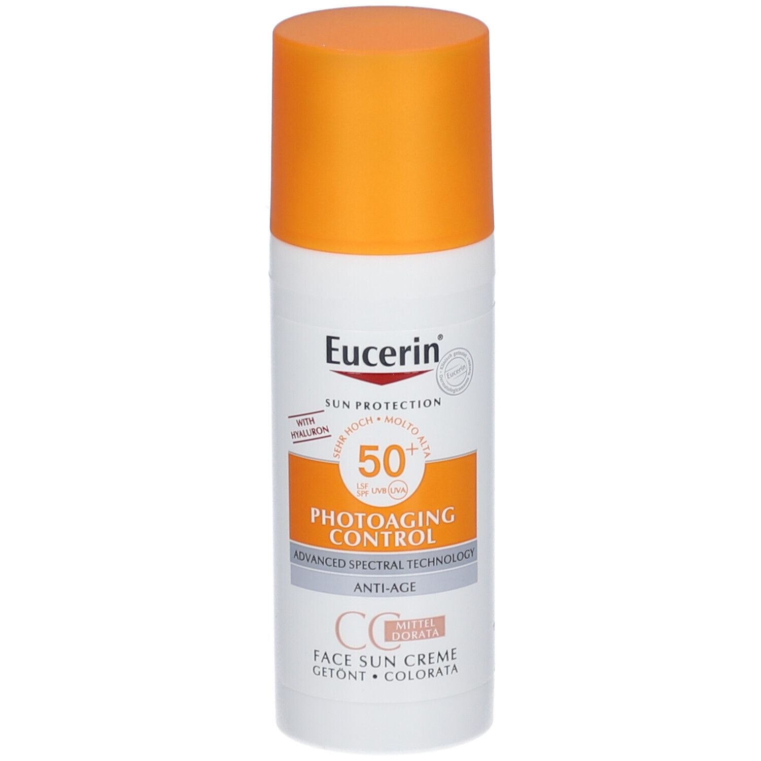 Weiße Tube mit orangefarbenem Deckel. Eucerin Sun Protection, Photoaging Control CC Creme, SPF 50+.