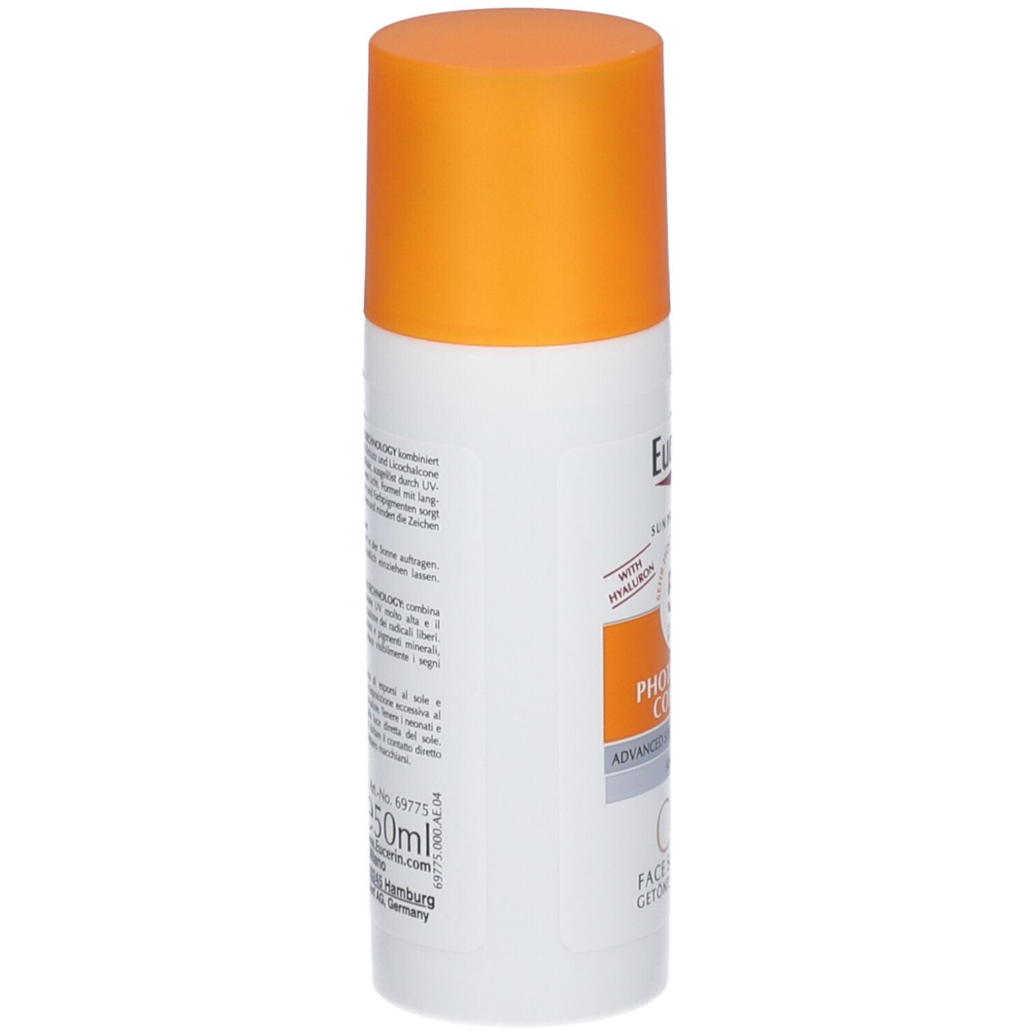 Weiße Tube mit orangefarbenem Deckel. Text auf der Seite. Eucerin Sun Protection, Photoaging Control.