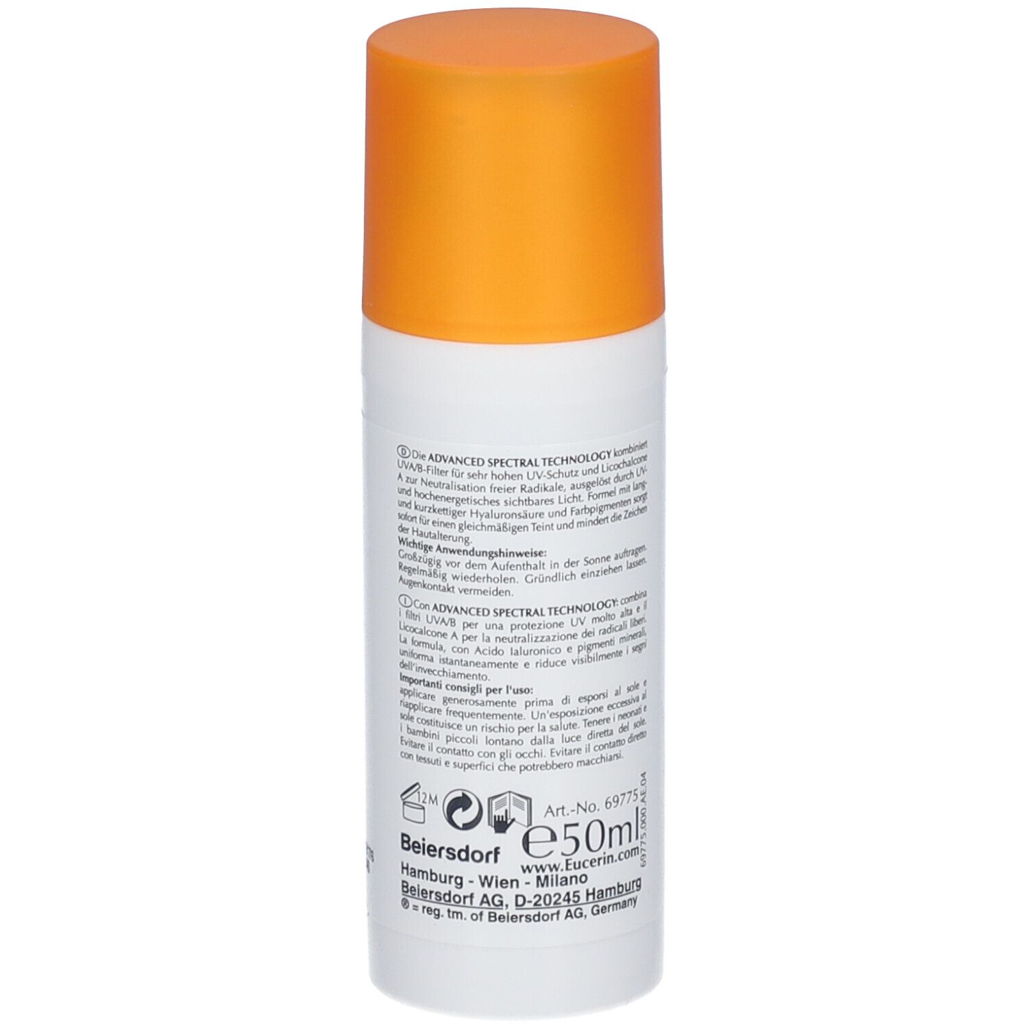 Weiße Tube mit orangefarbenem Deckel. Text auf der Seite. Eucerin Sun Protection, Photoaging Control.