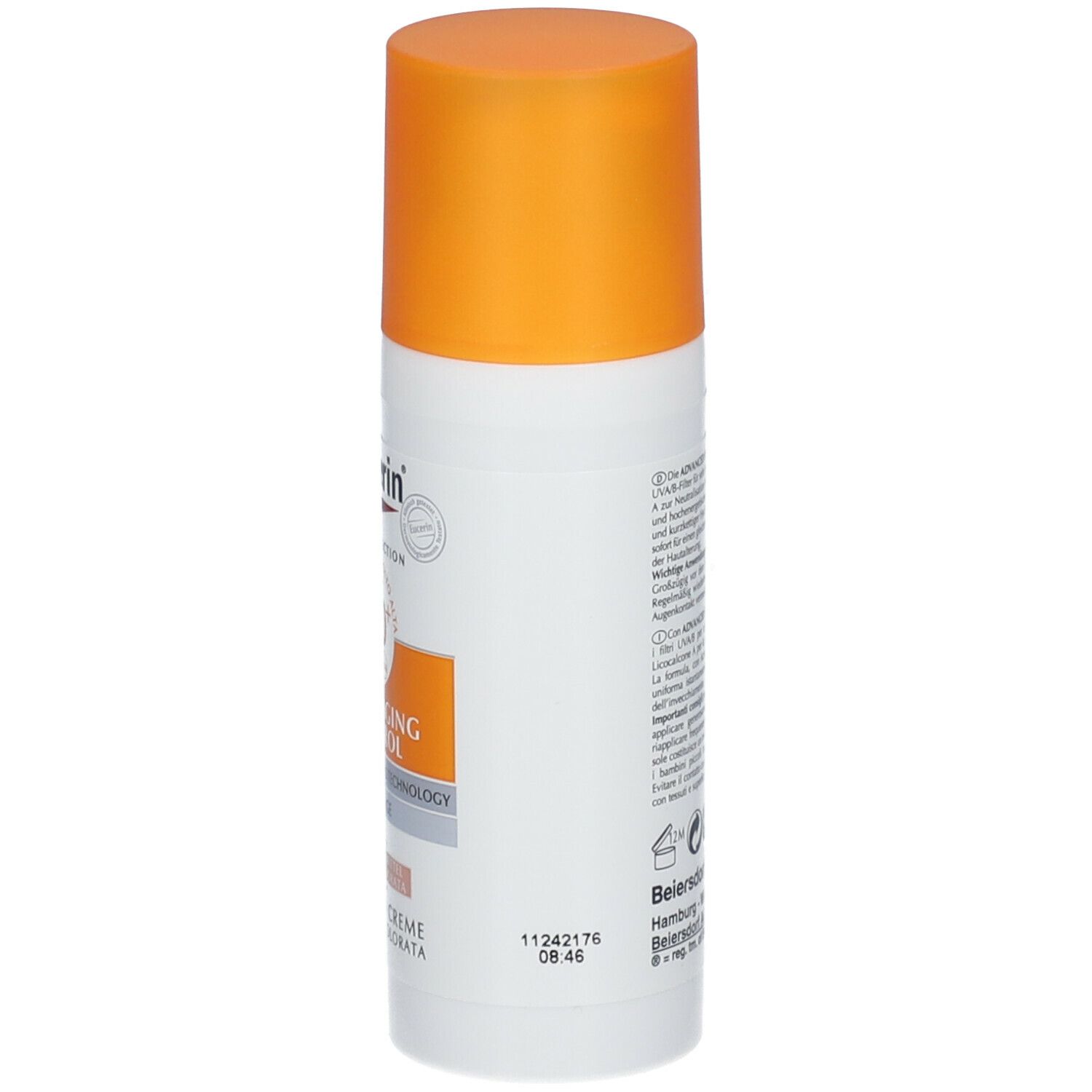 Weiße Tube mit orangefarbenem Deckel. Text auf der Seite. Eucerin Sun Protection, Photoaging Control.