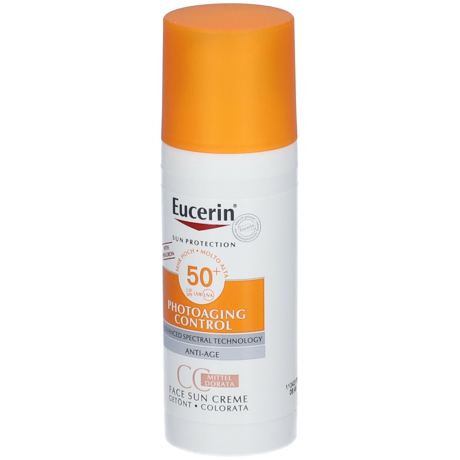 Weiße Tube mit orangefarbenem Deckel. Eucerin Sun Protection, Photoaging Control CC Creme, SPF 50+.