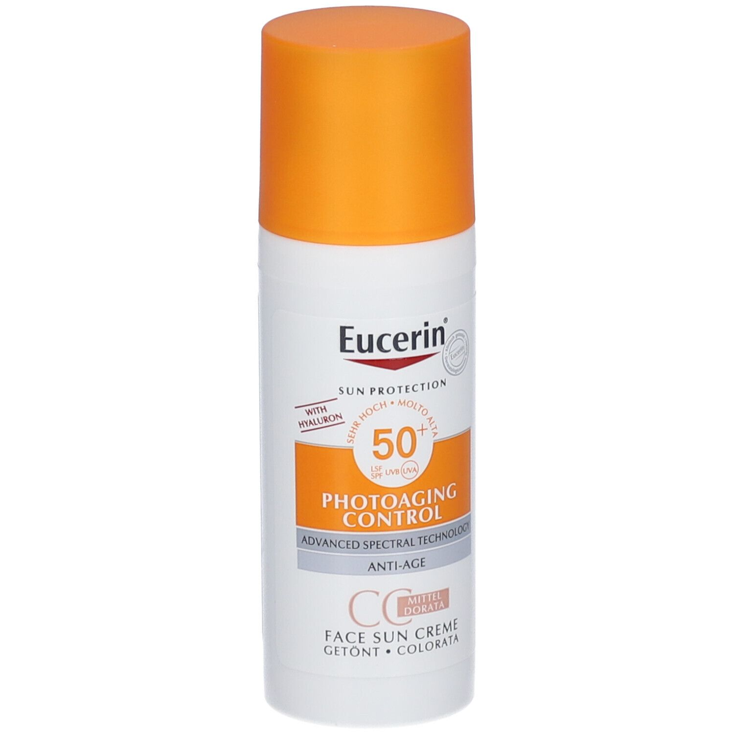 Weiße Tube mit orangefarbenem Deckel. Eucerin Sun Protection, Photoaging Control CC Creme, SPF 50+.