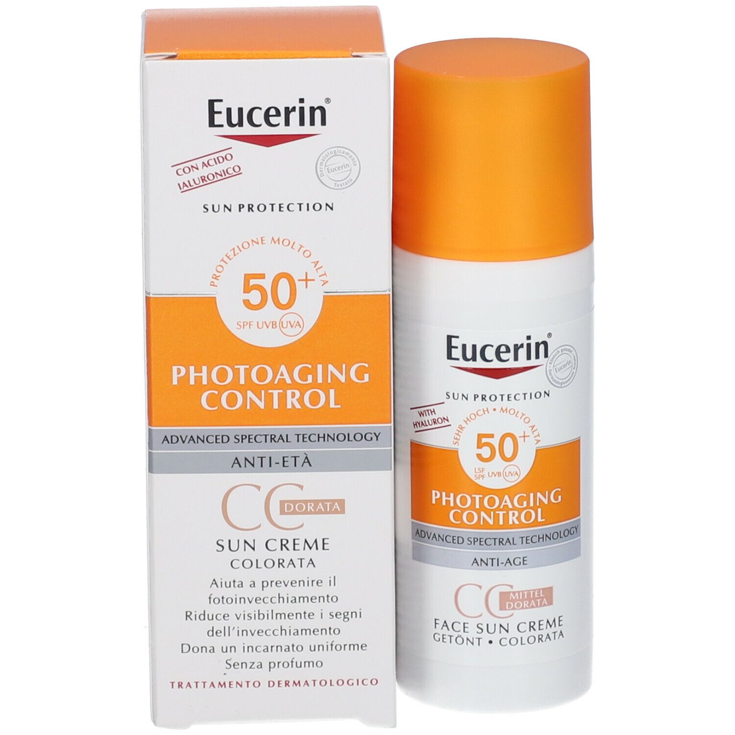 Produktverpackung mit Tube und Schachtel. Eucerin Sun Protection, Photoaging Control CC Creme, SPF 50+.