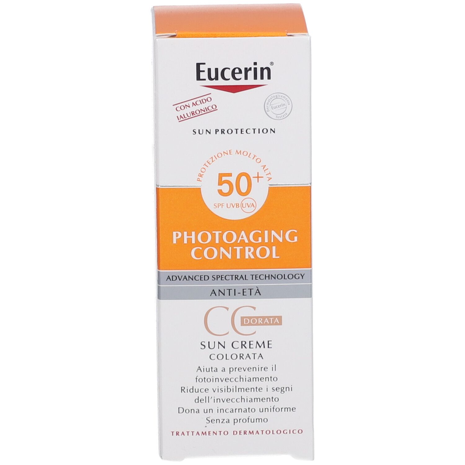Produktverpackung. Eucerin Sun Protection, Photoaging Control CC Creme, SPF 50+.