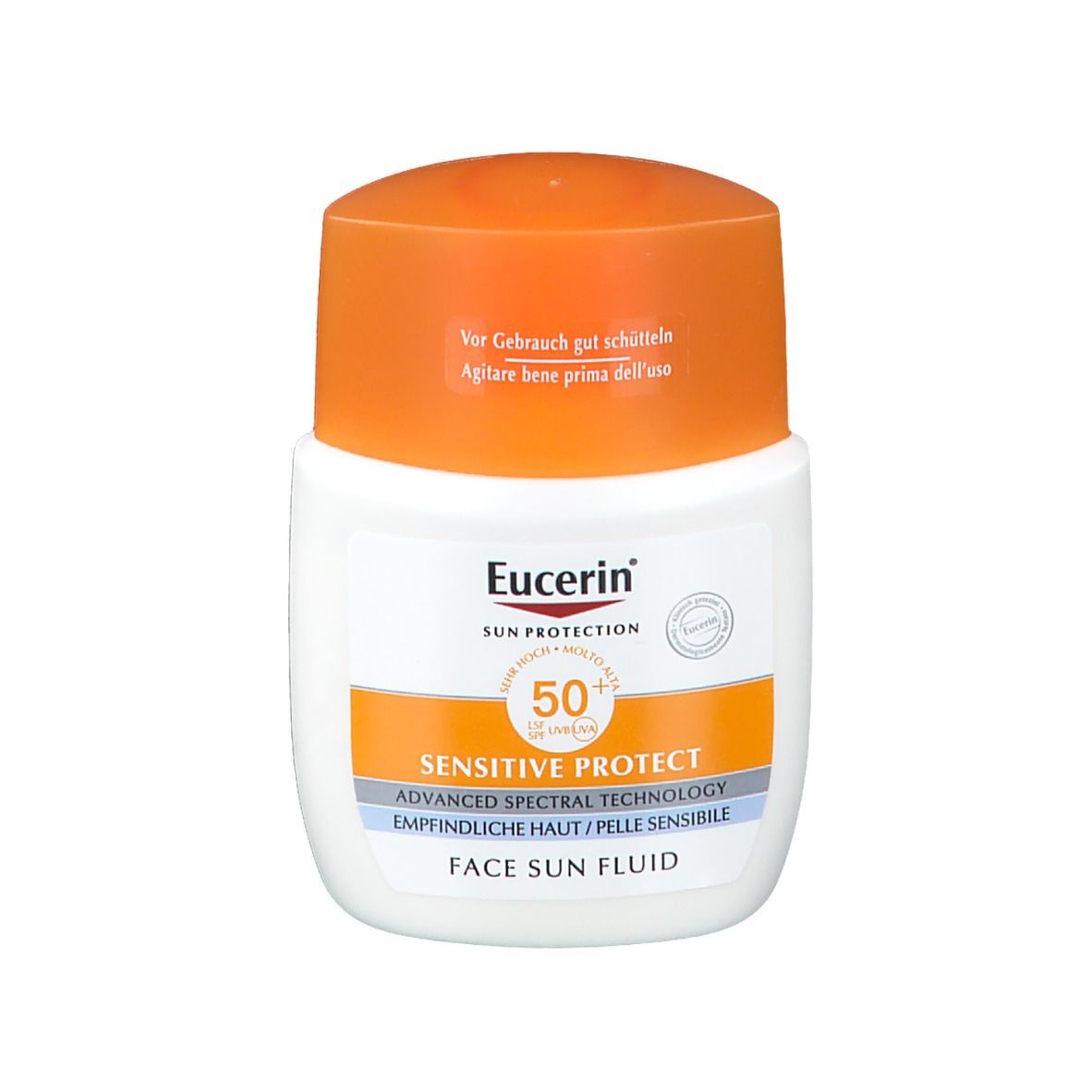 Flacon blanc avec bouchon orange. Inscription : Eucerin Sun Protection, Sensitive Protect, SPF 50+, Face Sun Fluid.