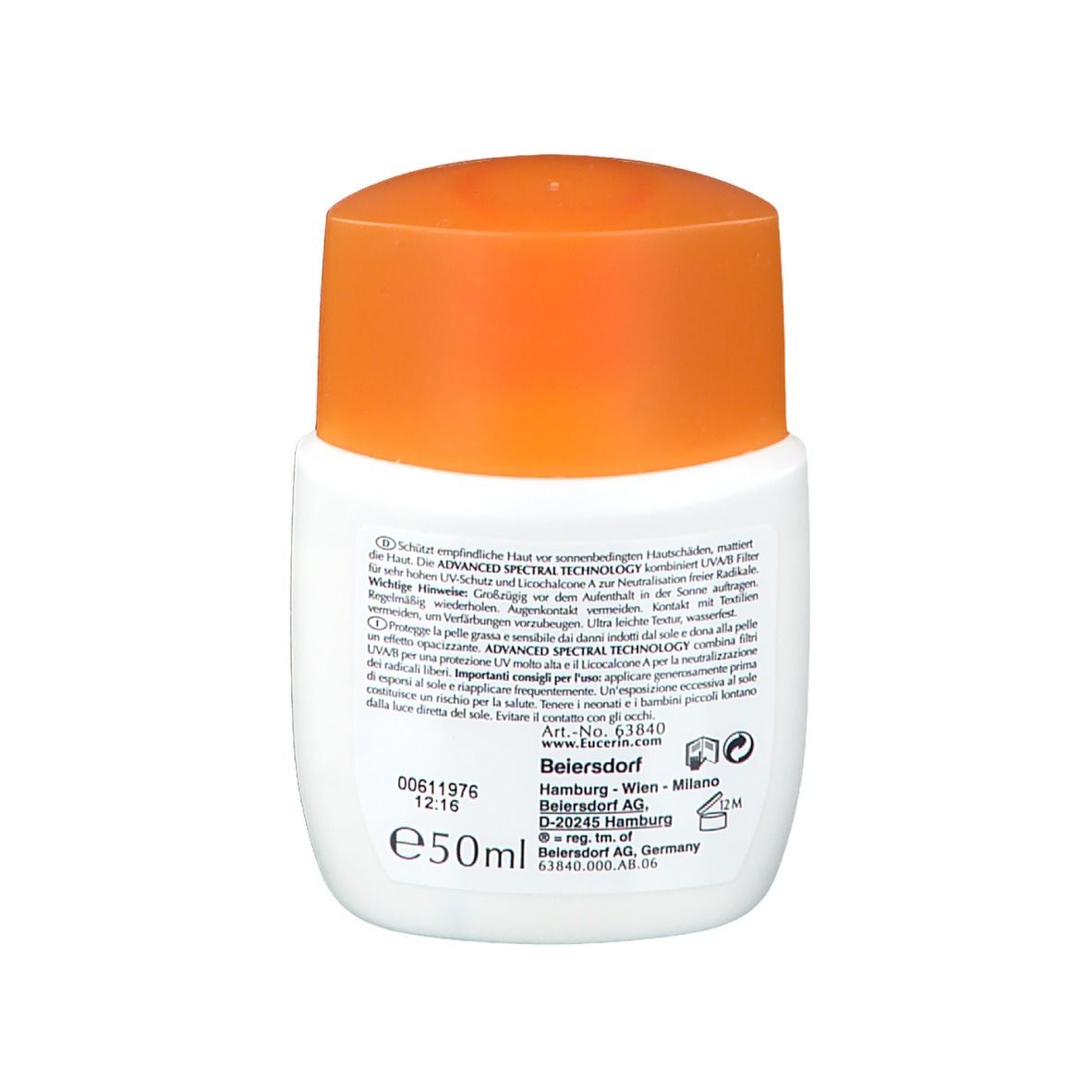 Dos du flacon blanc avec bouchon orange. Texte multilingue. E50ml.