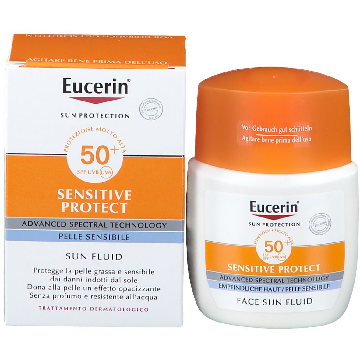 Produit et emballage. Boîte et flacon blancs. Inscription : Eucerin Sun Protection, Sensitive Protect, SPF 50+, Sun Fluid.
