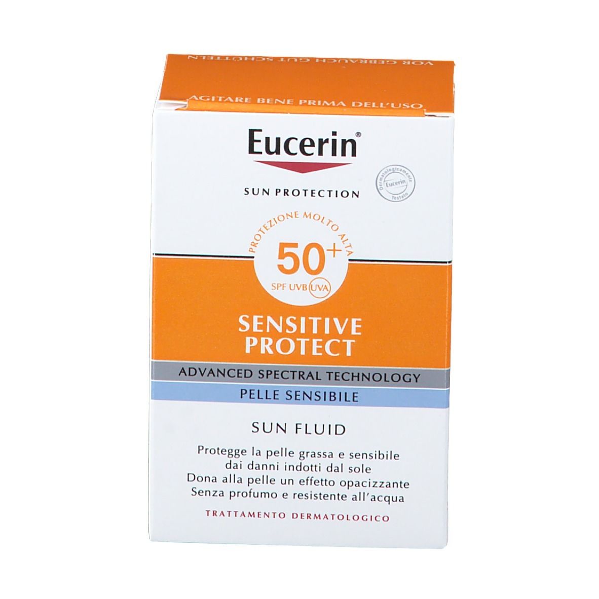 Boîte blanche avec couvercle orange. Inscription : Eucerin Sun Protection, Sensitive Protect, SPF 50+, Sun Fluid.