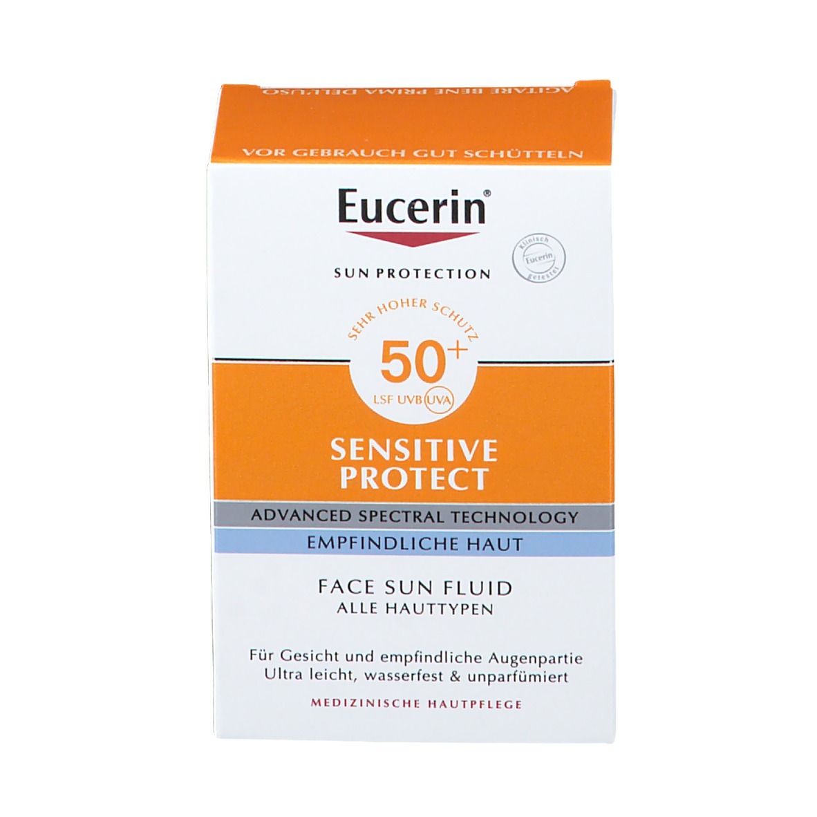 Face de la boîte blanche. Inscription : Eucerin Sun Protection, Sensitive Protect, SPF 50+, Face Sun Fluid.