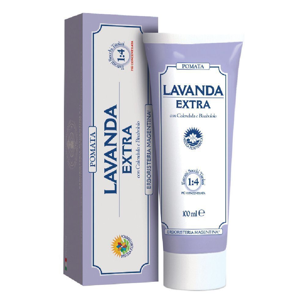 Tube et boîte lilas avec nom et logo du produit. Texte : Lavanda Extra, concentré 1:4, 100 ml.