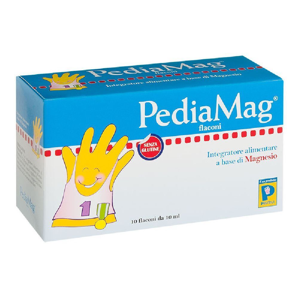 PediaMag Flaconi-Verpackung. Blaue Schachtel mit Produktnamen und Logo. Enthält 10 Fläschchen. Glutenfrei.