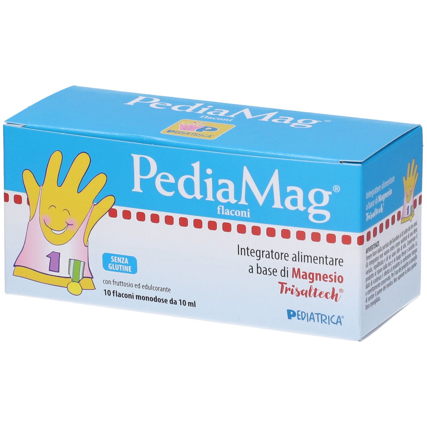 PediaMag Flaconi-Verpackung. Blaue Schachtel mit Produktnamen und Logo. Enthält 10 Einzeldosis-Fläschchen.