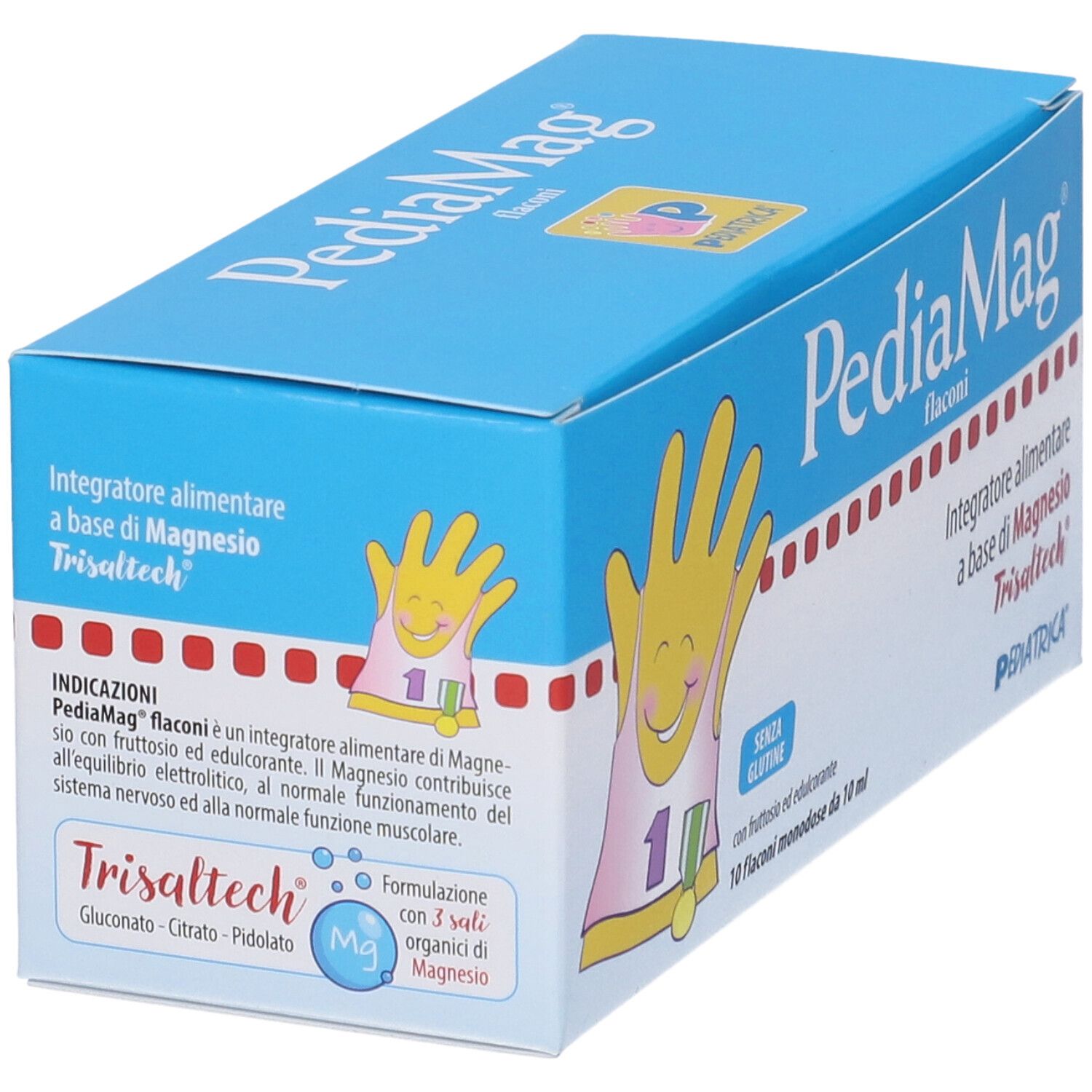 PediaMag Flaconi-Verpackung. Blaue Schachtel mit Produktnamen und Logo. Enthält 10 Einzeldosis-Fläschchen. Glutenfrei.