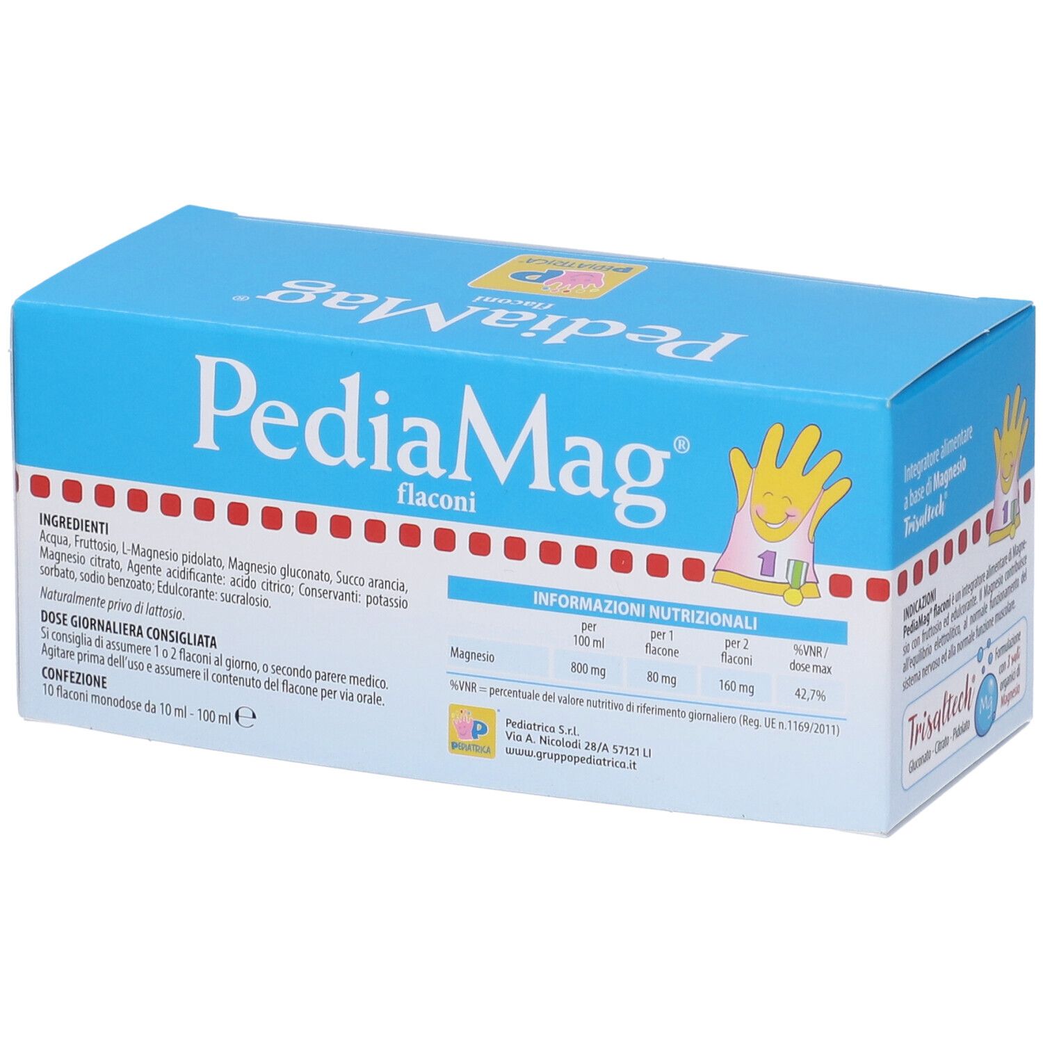 PediaMag Flaconi-Verpackung. Blaue Schachtel mit Produktnamen und Logo. Enthält 10 Einzeldosis-Fläschchen. Nährwertinformationen.