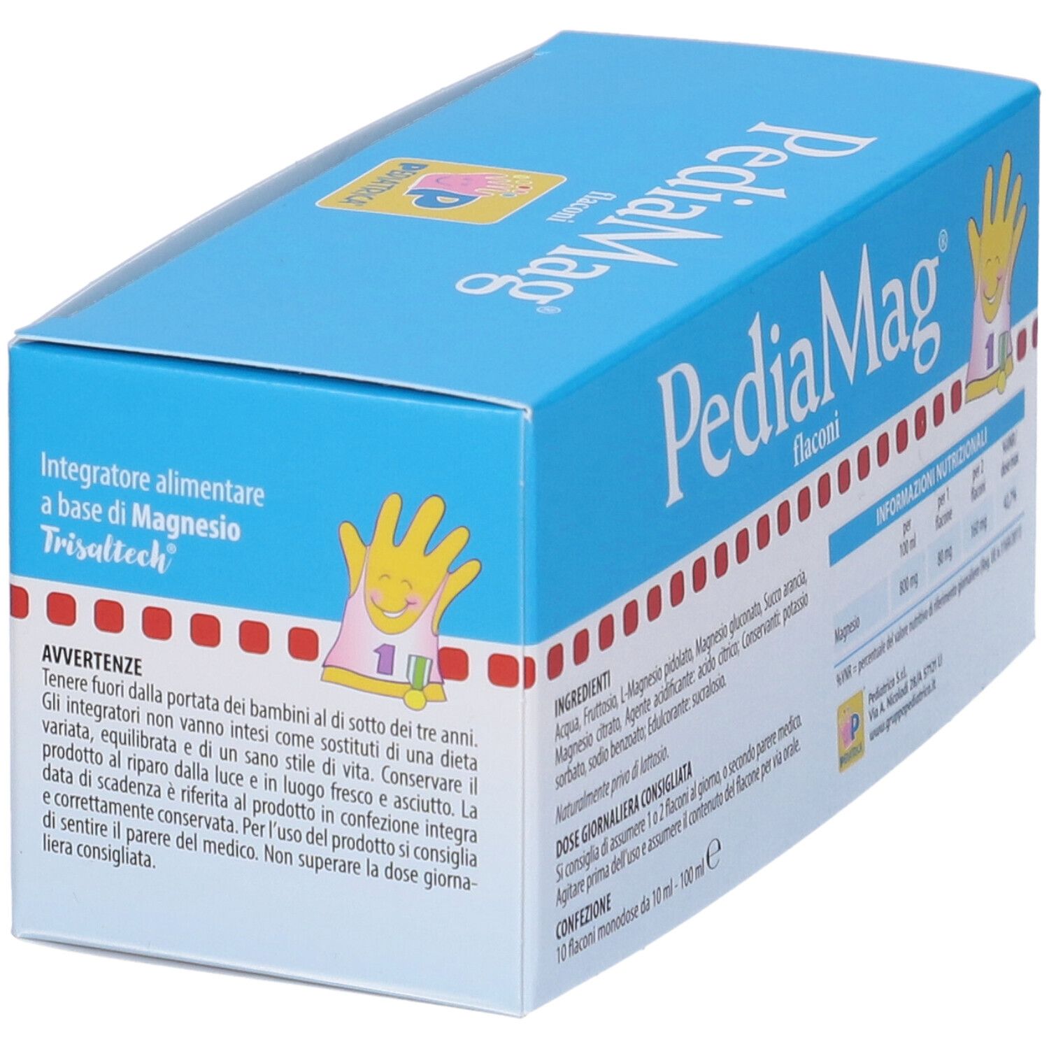 PediaMag Flaconi-Verpackung. Blaue Schachtel mit Produktnamen und Logo. Enthält 10 Einzeldosis-Fläschchen. Warnhinweise.
