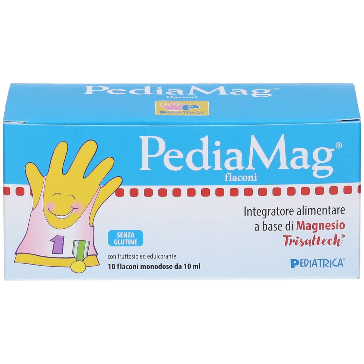 PediaMag Flaconi-Verpackung. Blaue Schachtel mit Produktnamen und Logo. Enthält 10 Einzeldosis-Fläschchen. Glutenfrei.