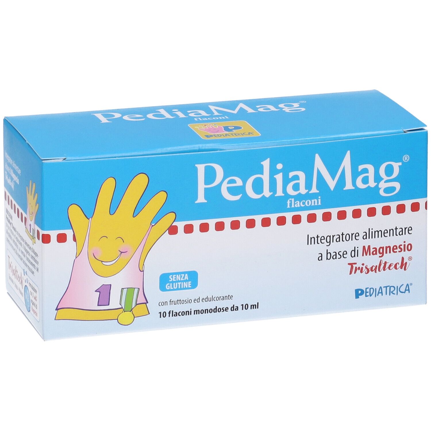 PediaMag Flaconi-Verpackung. Blaue Schachtel mit Produktnamen und Logo. Enthält 10 Einzeldosis-Fläschchen. Glutenfrei.