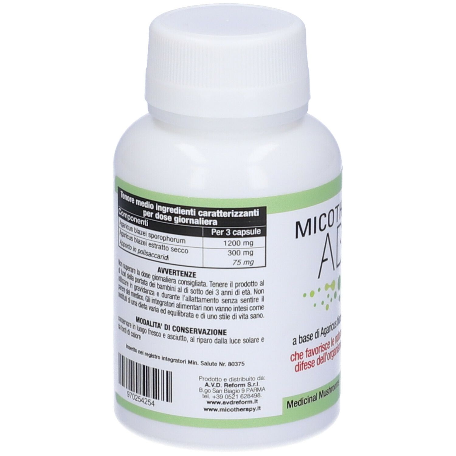 Rückseite der weißen Flasche. Aufschrift: Inhaltsstoffe, 3 Kapseln, 1200mg, 300mg, 75mg. Text in italienischer Sprache.