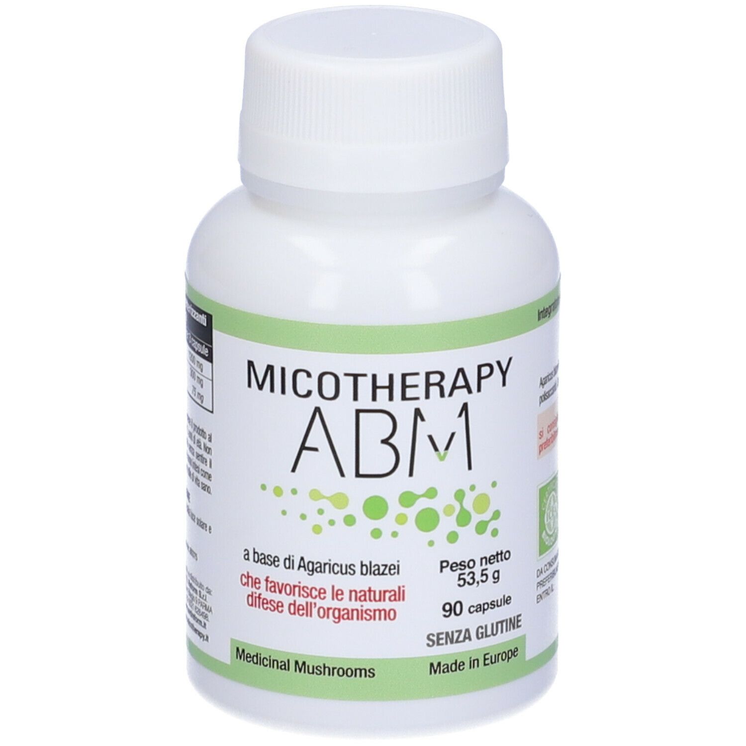 Weiße Flasche mit Kapseln. Aufschrift: Micotherapy ABM1, 90 Kapseln, glutenfrei. Grün-weiße Etiketten.