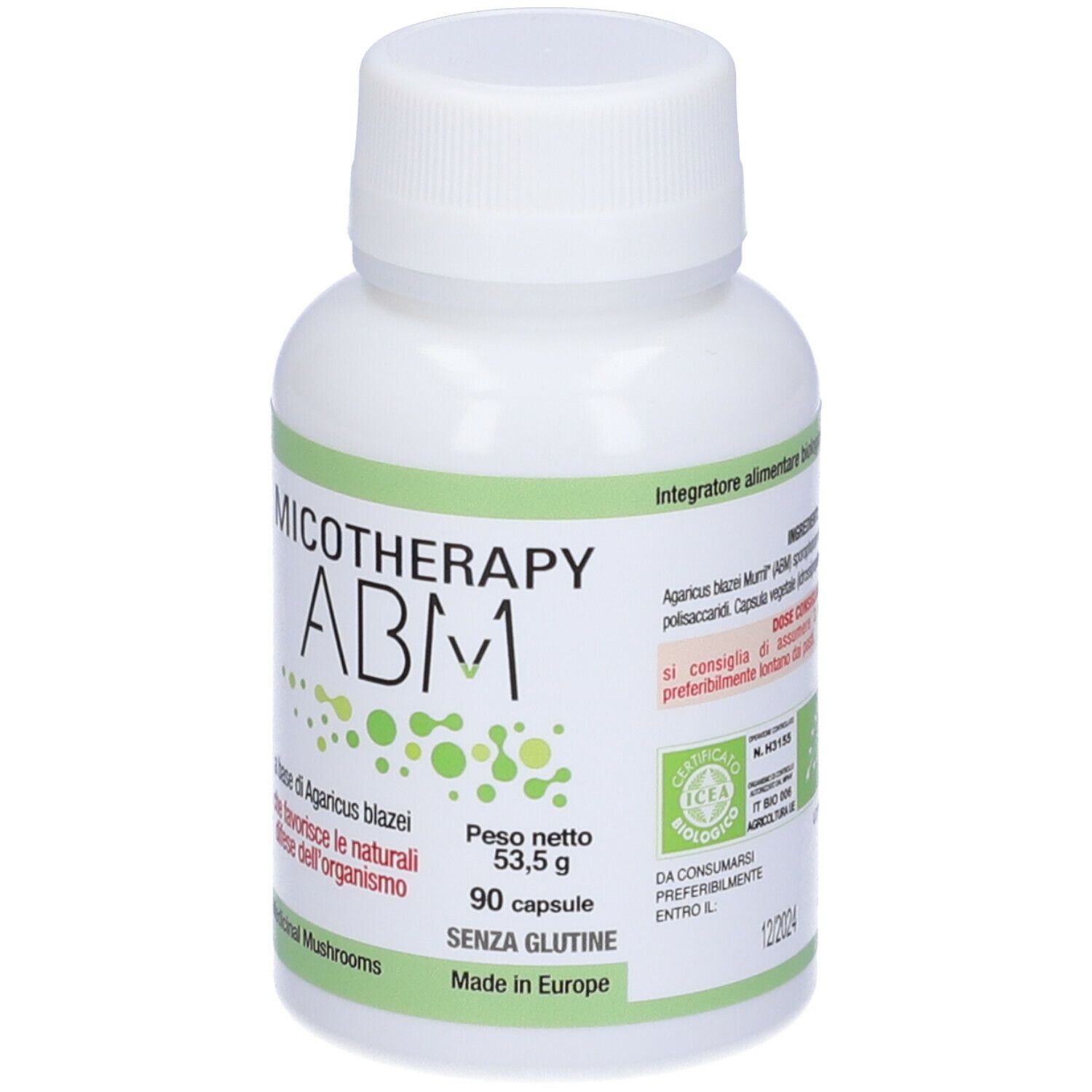 Weiße Flasche mit Kapseln. Aufschrift: Micotherapy ABM1, 90 Kapseln, glutenfrei. Grün-weiße Etiketten. Bio-Siegel.