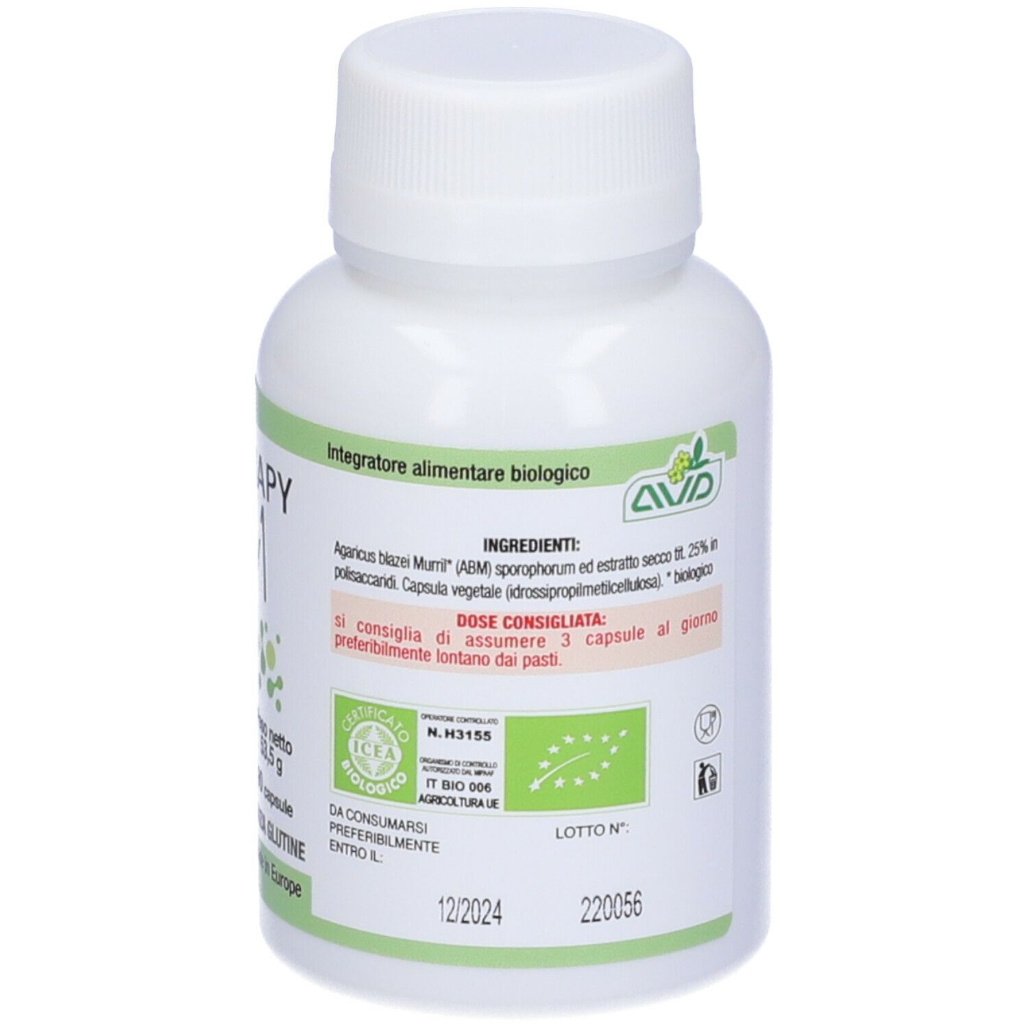 Rückseite der weißen Flasche. Aufschrift: Inhaltsstoffe, Bio-Siegel, MHD 12/2024. Text in italienischer Sprache.