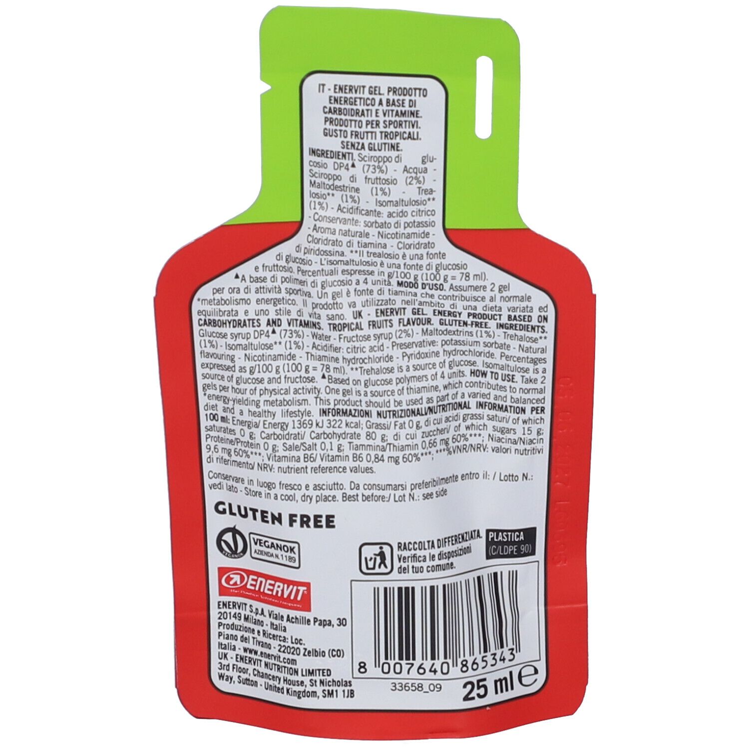 Dos du gel. Contient liste des ingrédients, informations nutritionnelles, Gluten Free, Vegano, 25 ml.
