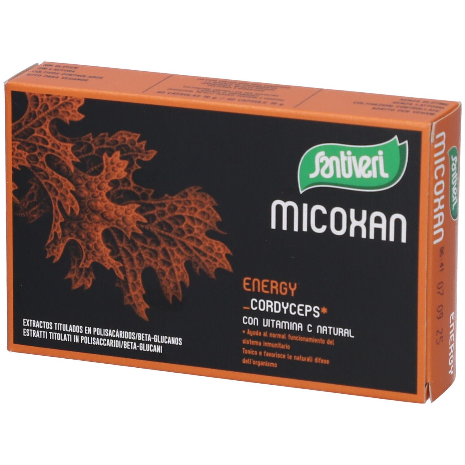 Orangefarbene Schachtel mit Santiveri-Logo und "Micoxan"-Schriftzug. Enthält "Energy Cordyceps" und weitere Informationen.