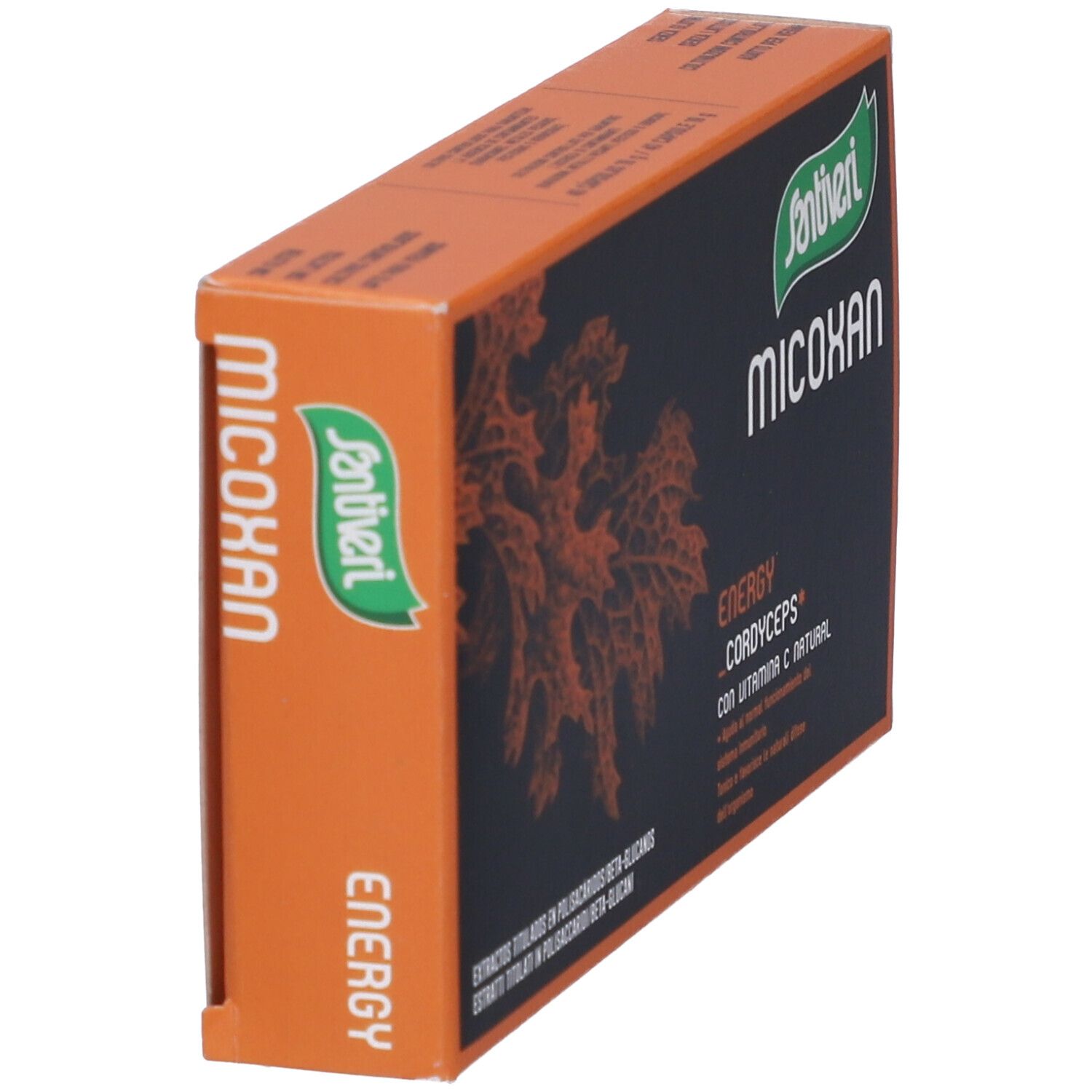 Schachtel "Micoxan" von Santiveri, orange und schwarz. Enthält "Energy Cordyceps". Seitenansicht mit Produktnamen.