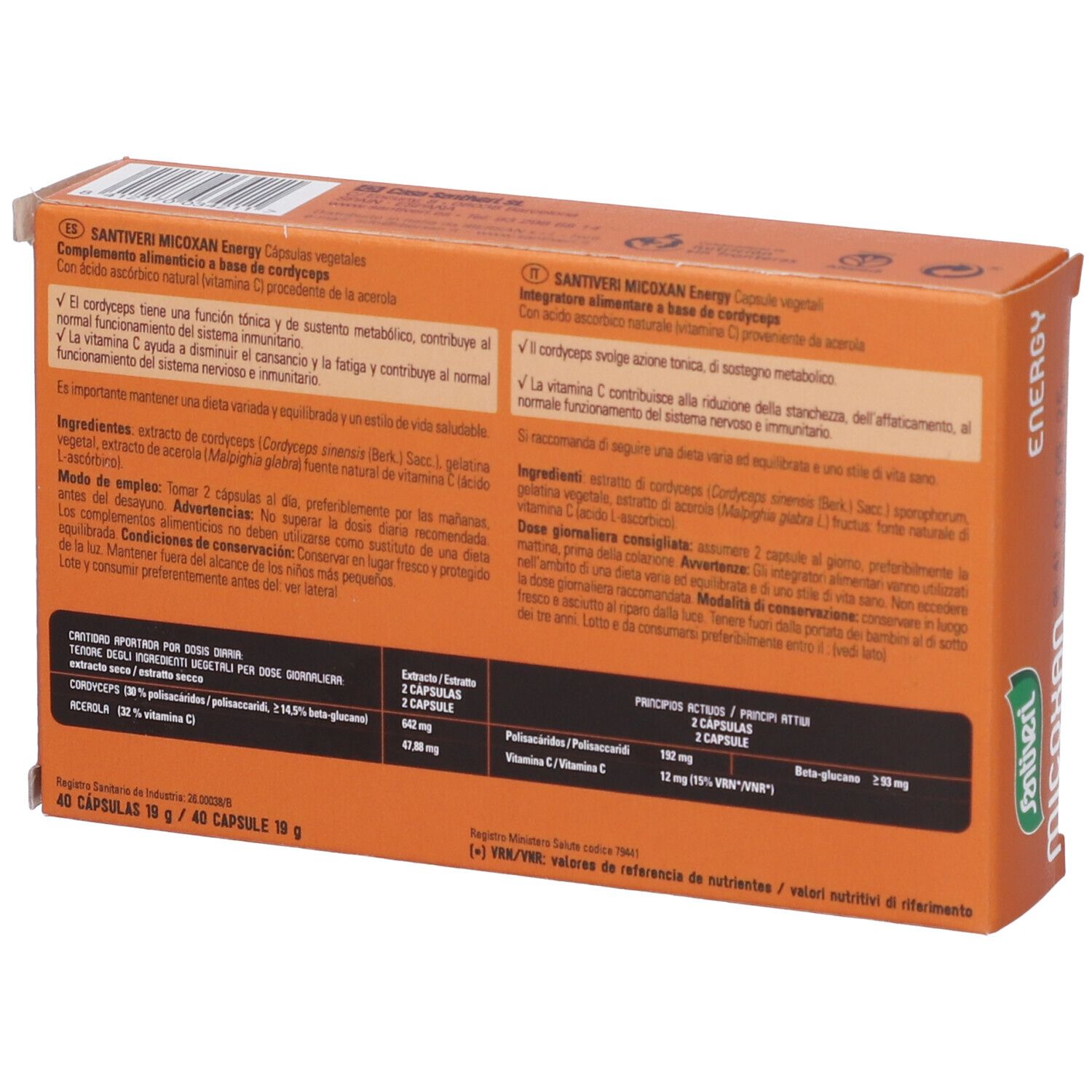 Rückseite der "Micoxan"-Schachtel. Enthält Informationen zu Inhaltsstoffen, Dosierung und Nährwertangaben in mehreren Sprachen.