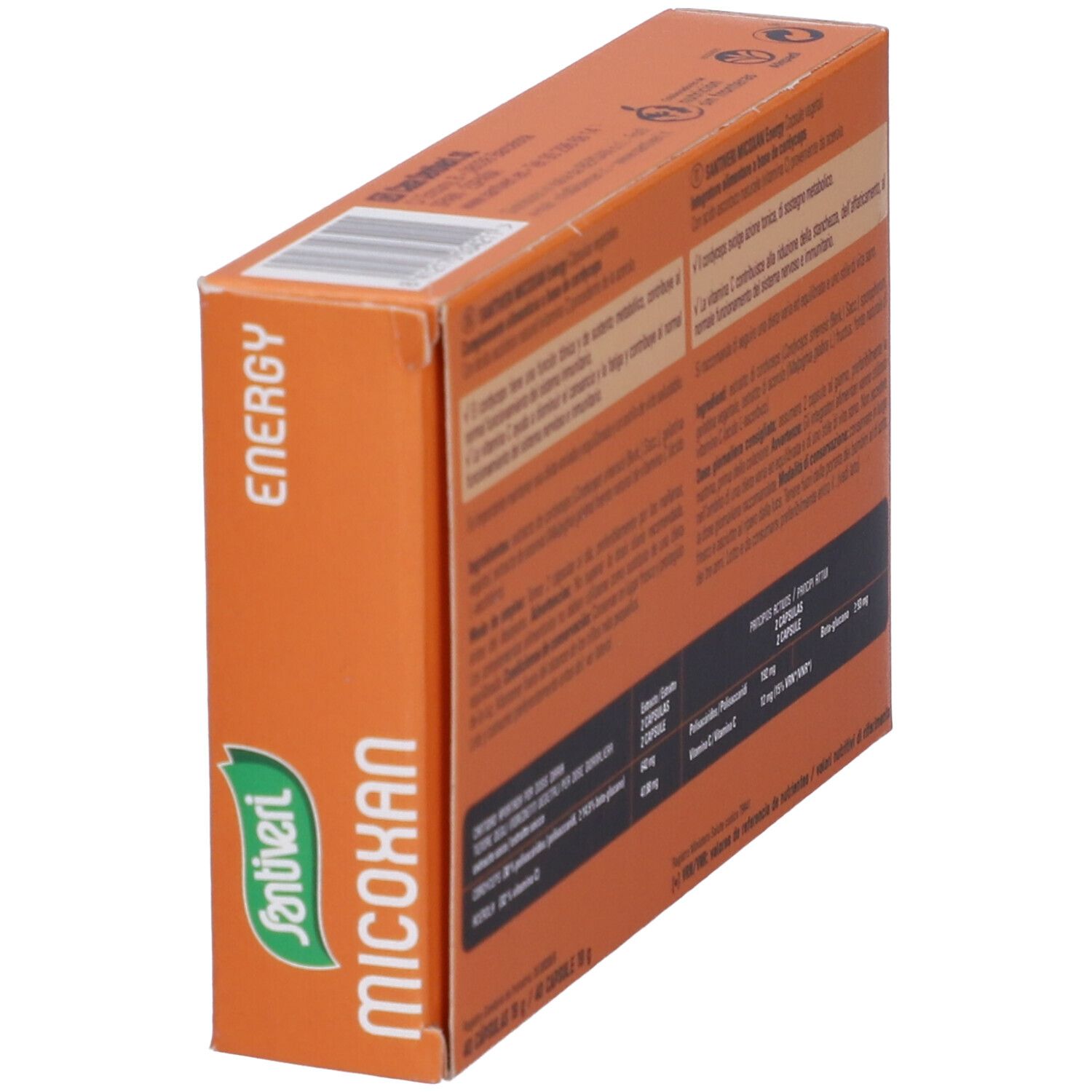 Schachtel "Micoxan" von Santiveri, orange und schwarz. Rückseite mit Text. Enthält Informationen zu Inhaltsstoffen und Dosierung.