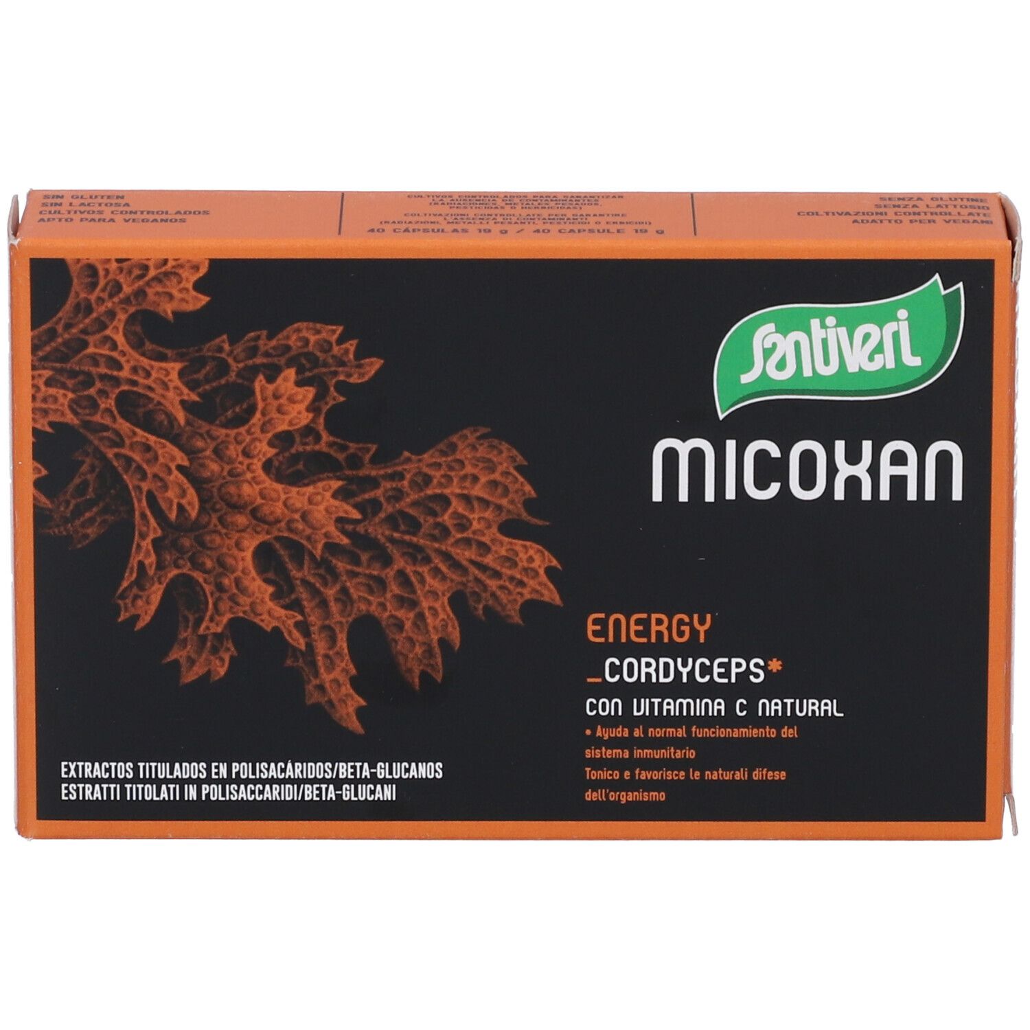 Orangefarbene Schachtel mit Santiveri-Logo und "Micoxan"-Schriftzug. Enthält "Energy Cordyceps" und weitere Informationen.