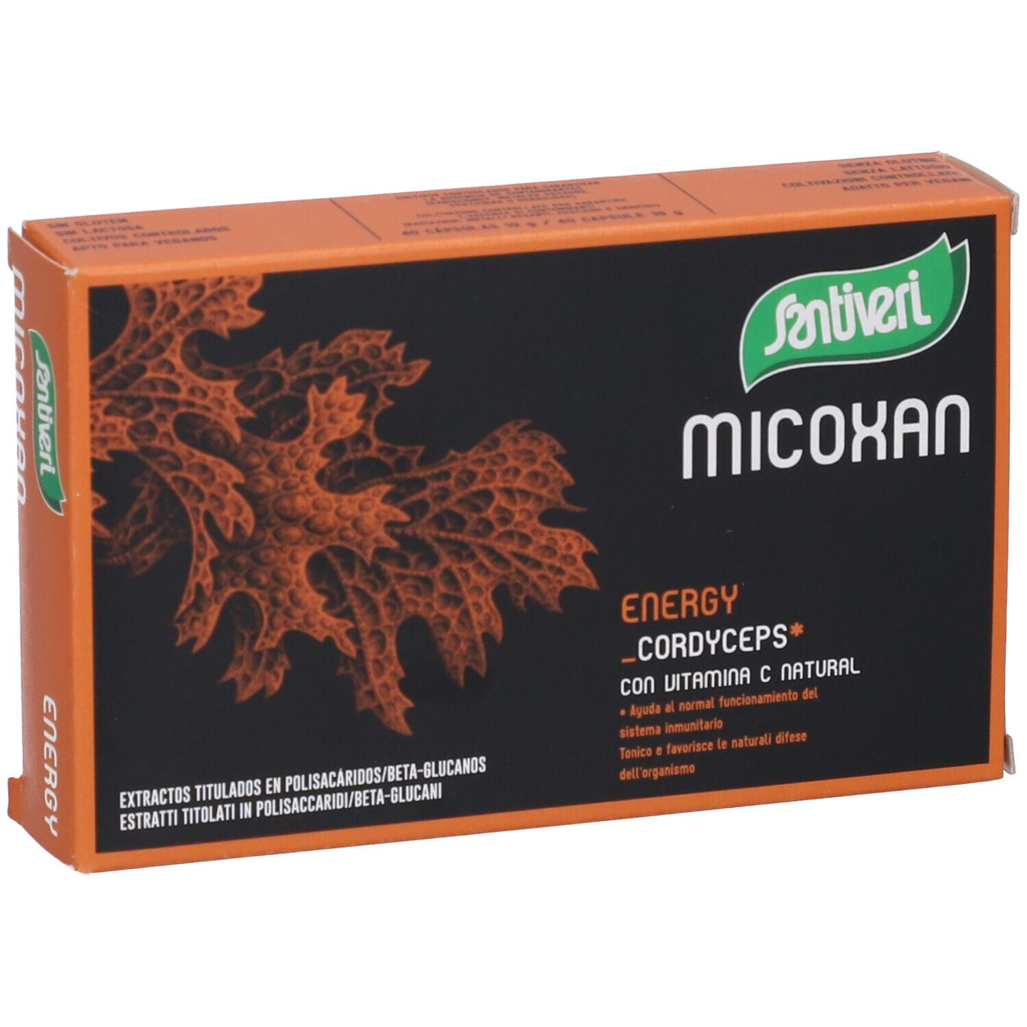 Orangefarbene Schachtel mit Santiveri-Logo und "Micoxan"-Schriftzug. Enthält "Energy Cordyceps" und weitere Informationen.