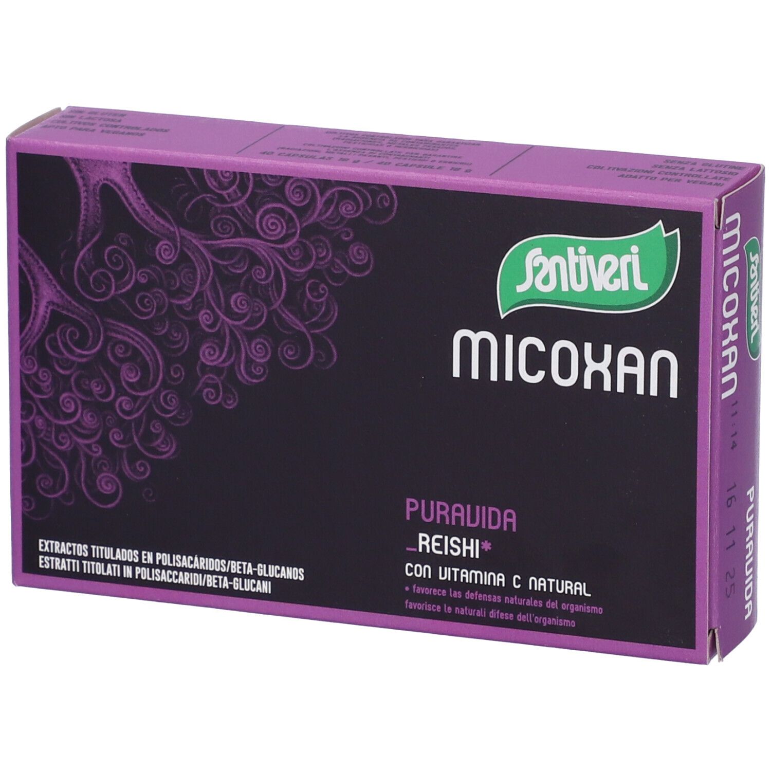 Lila Schachtel mit Santiveri Micoxan Puravida. Schwarzer Hintergrund mit weißen Schriftzügen und lila Muster. Grün-weißes Logo.