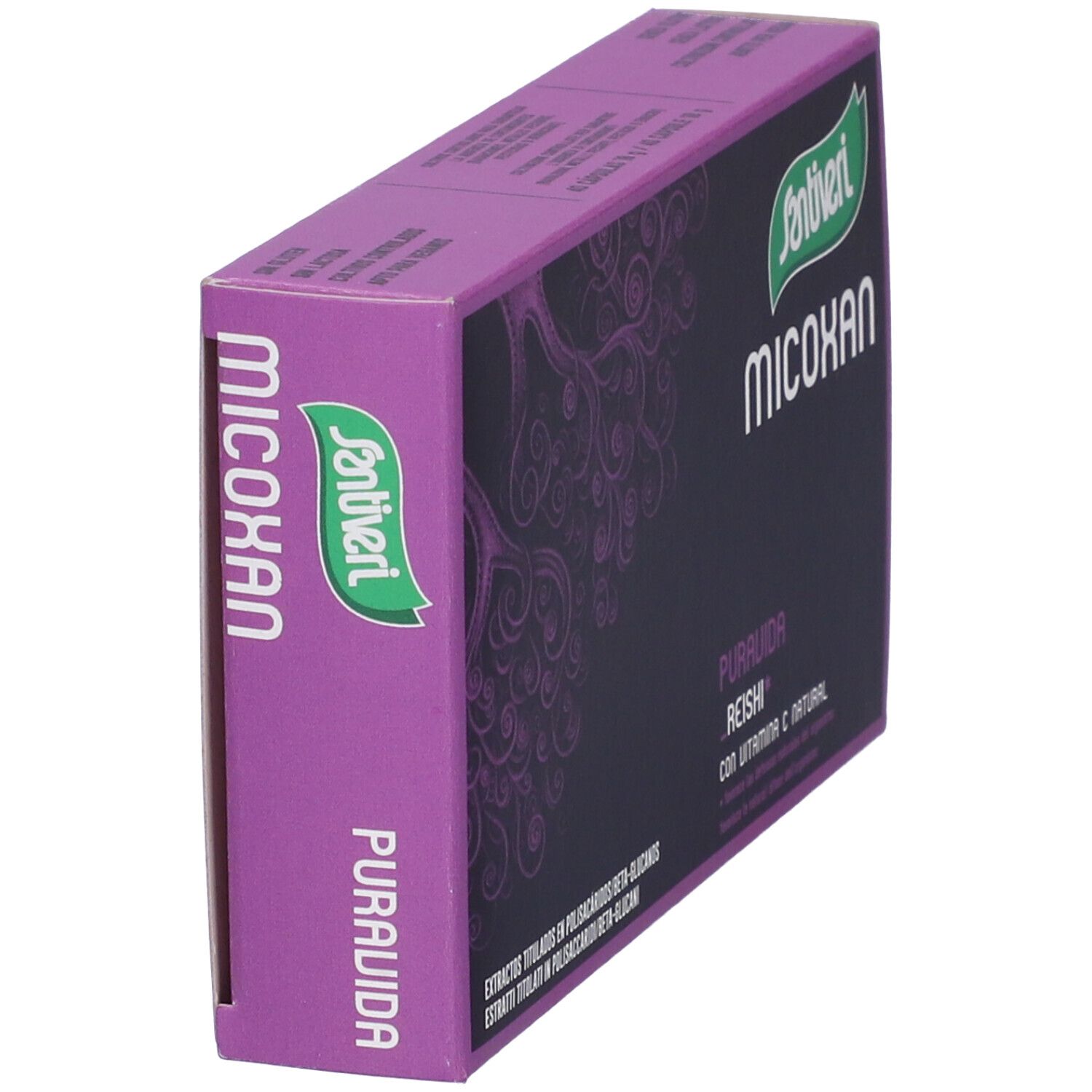 Lila Schachtel Santiveri Micoxan Puravida, schräg. Schwarzer Hintergrund mit weißen Schriftzügen und lila Muster. Grün-weißes Logo.