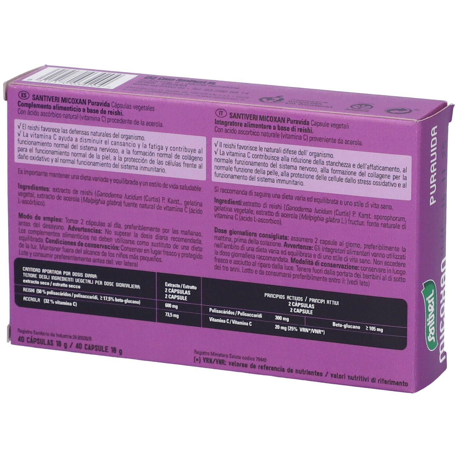 Rückseite der lila Schachtel Santiveri Micoxan Puravida. Text in mehreren Sprachen. Enthält Informationen zu Inhaltsstoffen und Dosierung.