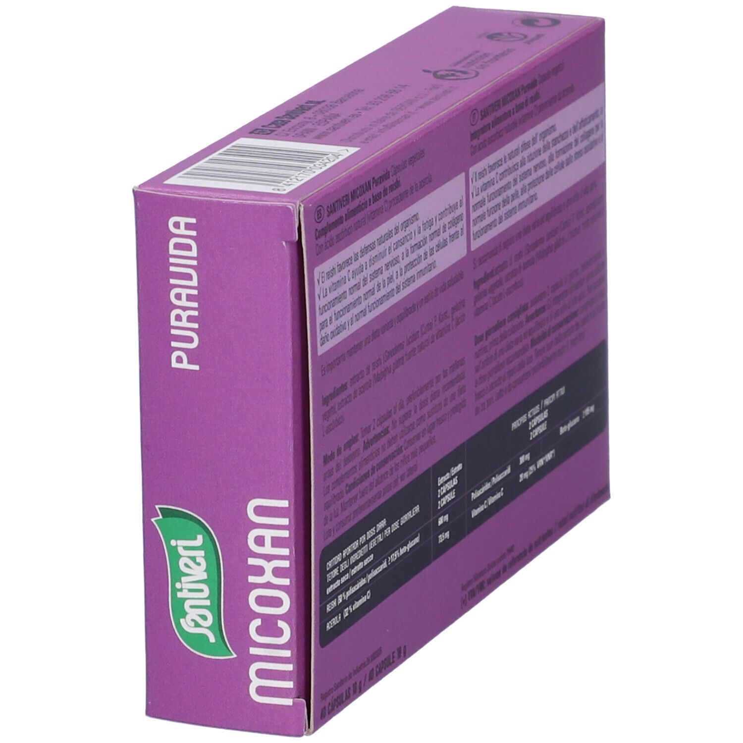 Rückseite der lila Schachtel Santiveri Micoxan Puravida, schräg. Text in mehreren Sprachen. Enthält Informationen zu Inhaltsstoffen und Dosierung.