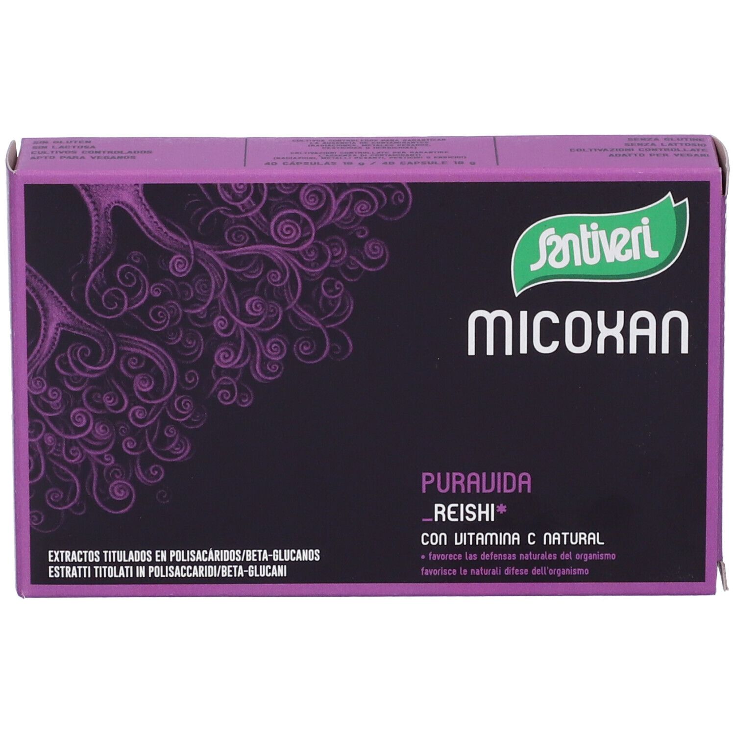 Lila Schachtel mit Santiveri Micoxan Puravida. Schwarzer Hintergrund mit weißen Schriftzügen und lila Muster. Grün-weißes Logo.