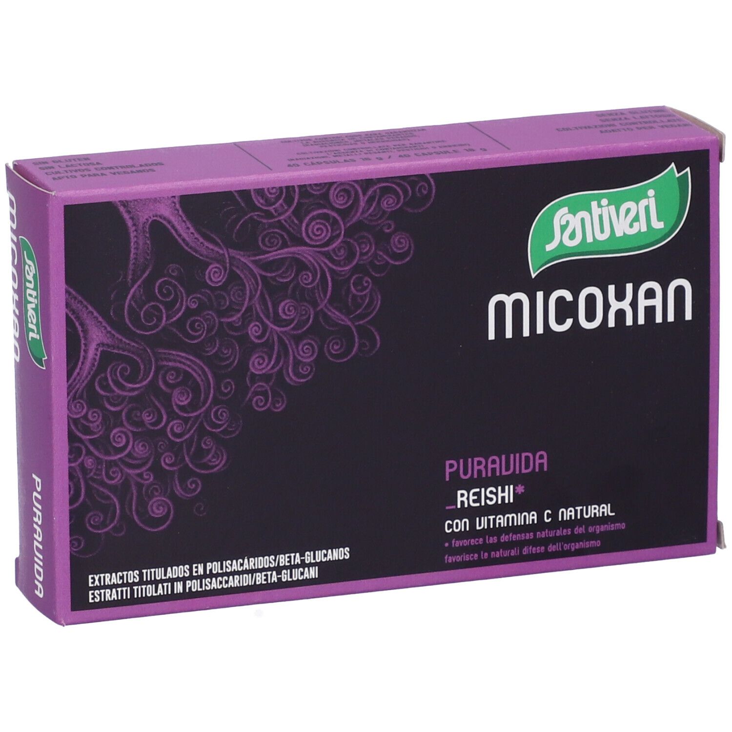 Lila Schachtel mit Santiveri Micoxan Puravida. Schwarzer Hintergrund mit weißen Schriftzügen und lila Muster. Grün-weißes Logo.