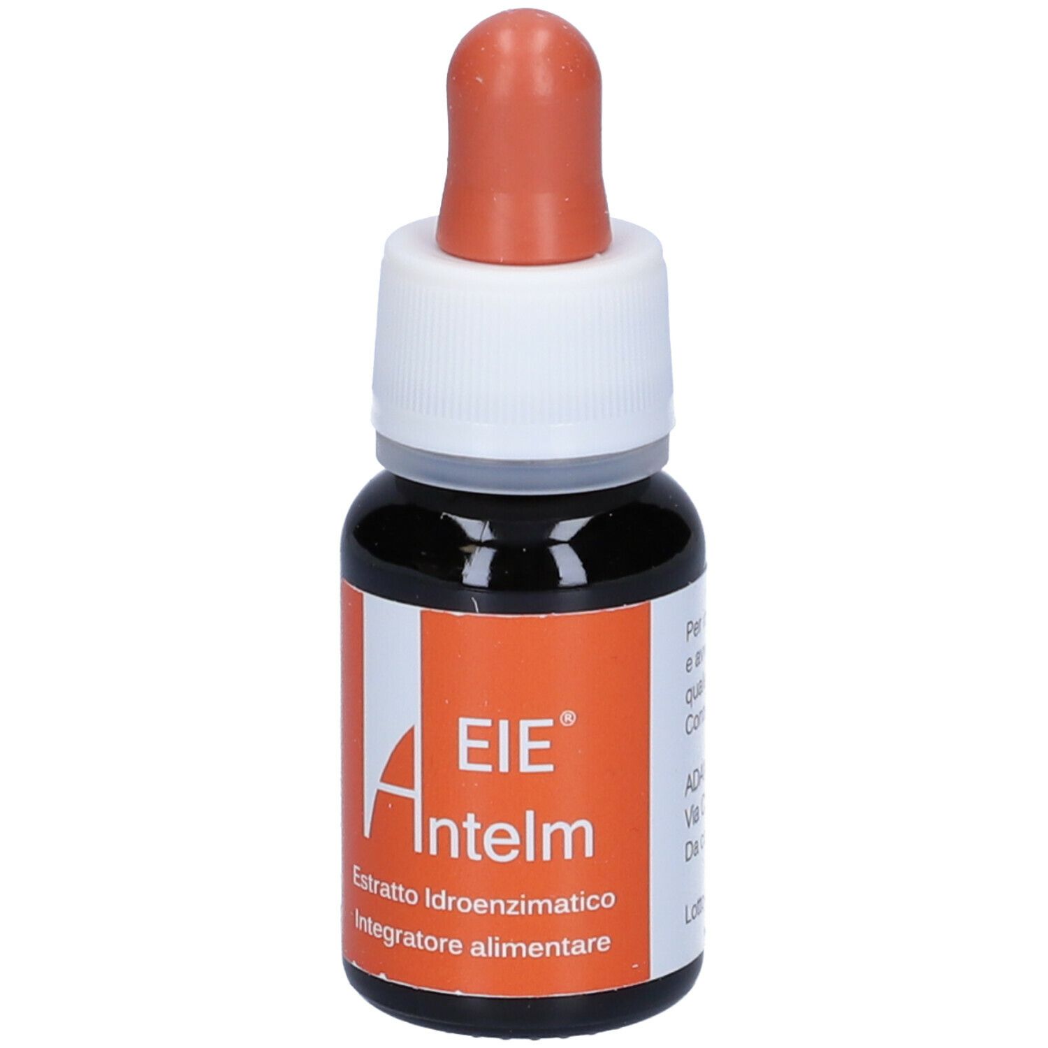 Braune Glasflasche mit Tropfer. Aufkleber mit weißer Schrift auf orangefarbenem Hintergrund. Produktname: EIE Antelm.
