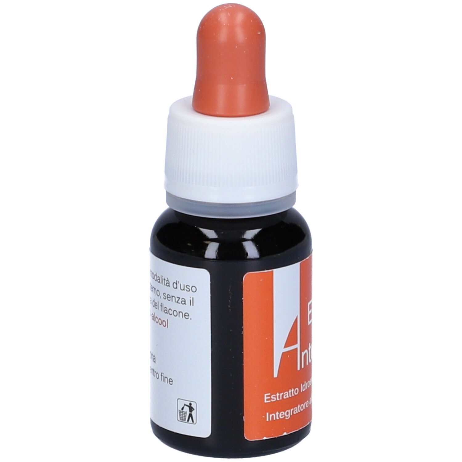Braune Glasflasche mit Tropfer. Aufkleber mit weißer Schrift auf orangefarbenem Hintergrund. Produktname: EIE Antelm.