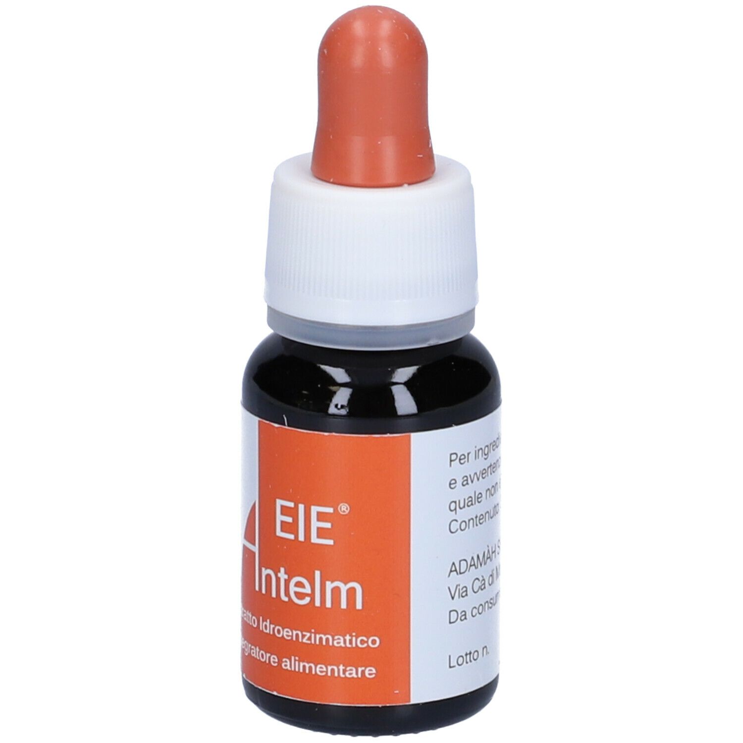 Braune Glasflasche mit Tropfer. Aufkleber mit weißer Schrift auf orangefarbenem Hintergrund. Produktname: EIE Antelm.