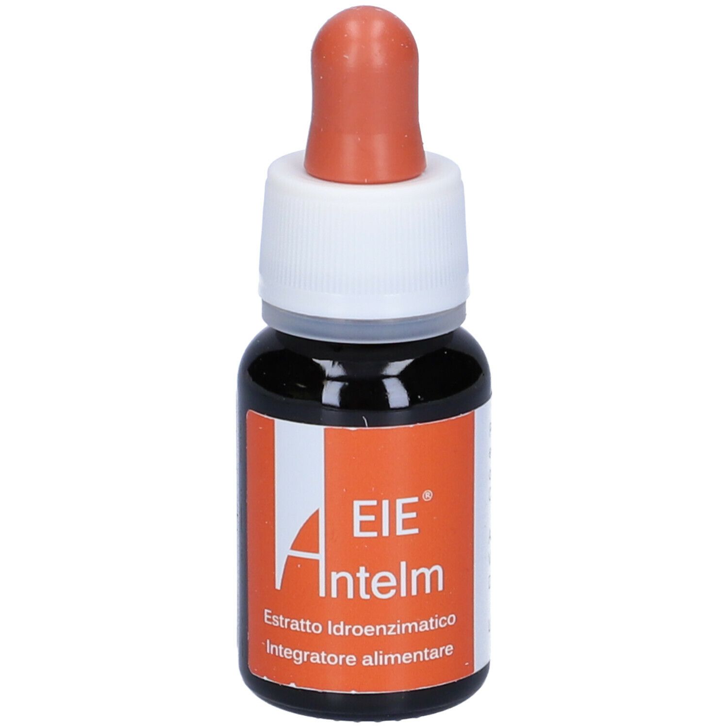 Braune Glasflasche mit Tropfer. Aufkleber mit weißer Schrift auf orangefarbenem Hintergrund. Produktname: EIE Antelm.